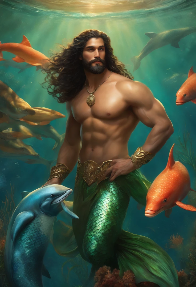 a male merman smiling, ((male merman)) full body naked, with various positions, ((various positions)), ((sexy male torso and big, perfect mermaid tail, wonderful and colorful)), ((Painting of a Merman with long, black, curly hair)), ((wide chest)), ((A coral reef at the bottom, fish and dolphins)) ((merman male)), God of the Ocean, God of the Sea, God of Sea, God of the Ocean, Lúthien, art of the god, God of Greek mythology, God of the Moon, God of love and peace, (( ((Beautiful, hot, sensual, seductive God)), A stunning portrait portrait of a god , ((warm and vivid colors)), ((vibrant colors)), Frank Kelly Freas, styled by Karol Bak, ((beautiful face)), Extremely Detailed, 32k, Ultra definition best quality, vibrant and vibrant colors, sensual, enchanted, Perfect face in high definition, ((beautiful merman, sensual merman, handsome merman