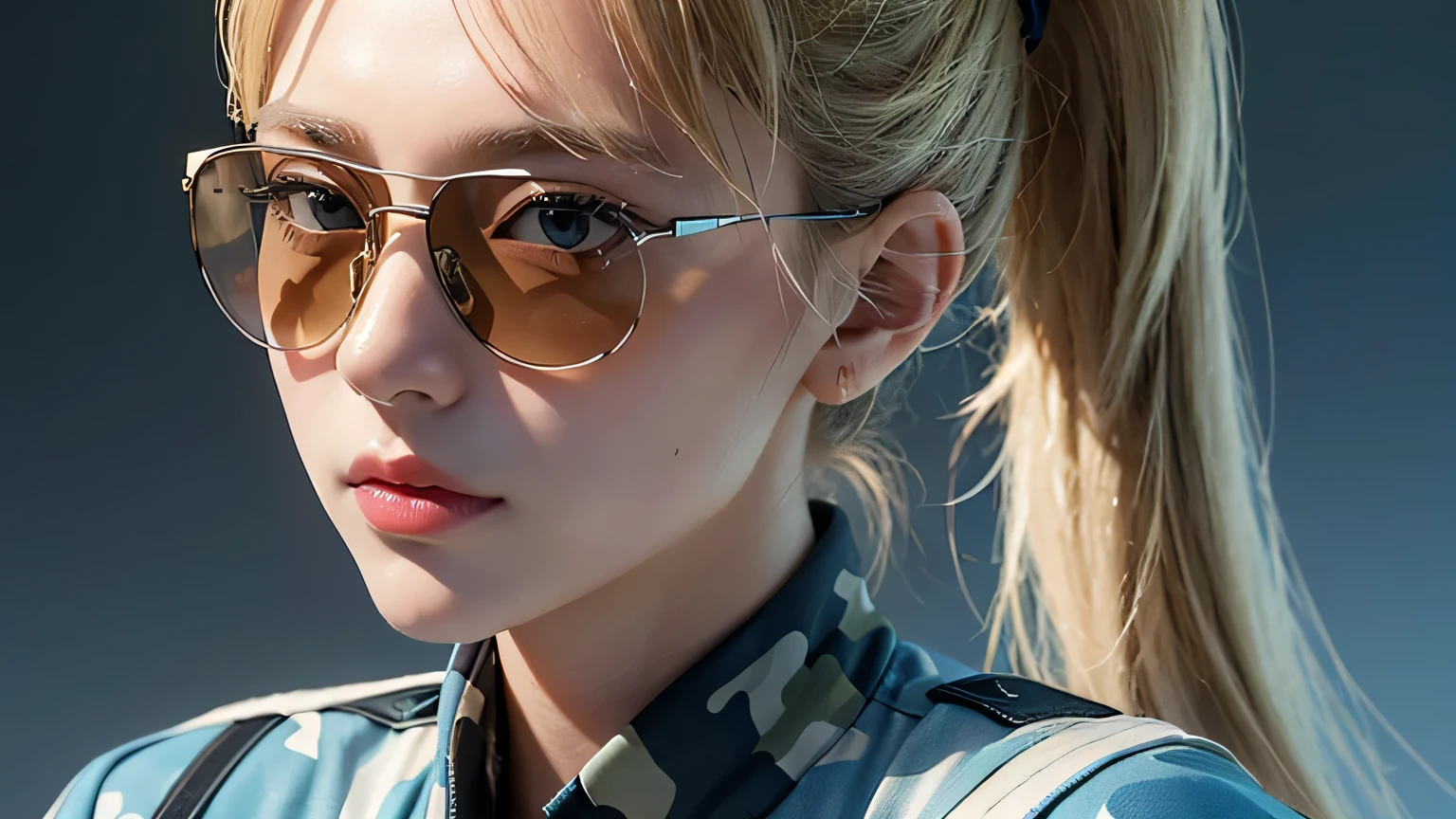 ((highest quality)),(ultra high resolution),(Super detailed),(detailed description),((best CG)),(best work of art),super precision art, sun glasses, blonde hair, ponytail. great drawing art,Art with precise details, 1 Female Soldier, (Camouflage clothing with light blue and white dot patterns), beautiful and well-shaped face, A look that hides a strong will, Destroyed urban area.