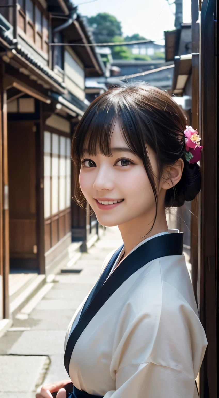 Professional Lighting,(Photorealistic:1.4), (Top image quality:1.0), (超A high resolution:1.0), 8k, Raw photography, (masterpiece:0.2), (Facing the children_v1:0.5)、(最高quality Detail:1.2)、Realistic、8K Ultra HD、High resolution、(1 girl:1.2)、超detailedな、High quality textures、複雑なdetailed、detailed、Very detailed CG、High quality shadows、detailed 美しく繊細な顔、Beautiful details and a delicate eye、(Symmetrical eyes:1.2),Written boundary depth、Ray Tracing,1 girl, Japanese Girls, (Natural smile:1.4),cute, thin, Portrait of a beautiful Japanese woman in a kimono, Standing elegantly on a street corner in Kyoto. Kimono with vibrant traditional patterns, Hair decorated with elegant and delicate hairpins, Gentle expression. (With the old streets of Kyoto in the background:1.4)、The soft light of a spring afternoon、Adding tranquility to the scene. Rendered in a Realistic style with great attention to detail, High resolutionの画像.Sky Porn, Magic Hour, (Realistic:1.3), finely, quality, (Tabletop:1.2), (Realistic:1.2), (最高quality), (複雑なdetailed), dramatic, Ray Tracing, photograph, +roller