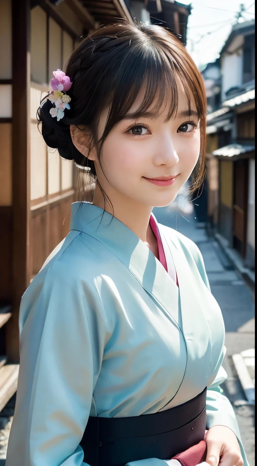 Professional Lighting,(Photorealistic:1.4), (Top image quality:1.0), (超A high resolution:1.0), 8k, Raw photography, (masterpiece:0.2), (Facing the children_v1:0.5)、(最高quality Detail:1.2)、Realistic、8K Ultra HD、High resolution、(1 girl:1.2)、超detailedな、High quality textures、複雑なdetailed、detailed、Very detailed CG、High quality shadows、detailed 美しく繊細な顔、Beautiful details and a delicate eye、(Symmetrical eyes:1.2),Written boundary depth、Ray Tracing,1 girl, Japanese Girls, (Natural smile:1.4),cute, thin, Portrait of a beautiful Japanese woman in a kimono, Standing elegantly on a street corner in Kyoto. Kimono with vibrant traditional patterns, Hair decorated with elegant and delicate hairpins, Gentle expression. (With the old streets of Kyoto in the background:1.4)、The soft light of a spring afternoon、Adding tranquility to the scene. Rendered in a Realistic style with great attention to detail, High resolutionの画像.Sky Porn, Magic Hour, (Realistic:1.3), finely, quality, (Tabletop:1.2), (Realistic:1.2), (最高quality), (複雑なdetailed), dramatic, Ray Tracing, photograph, +roller