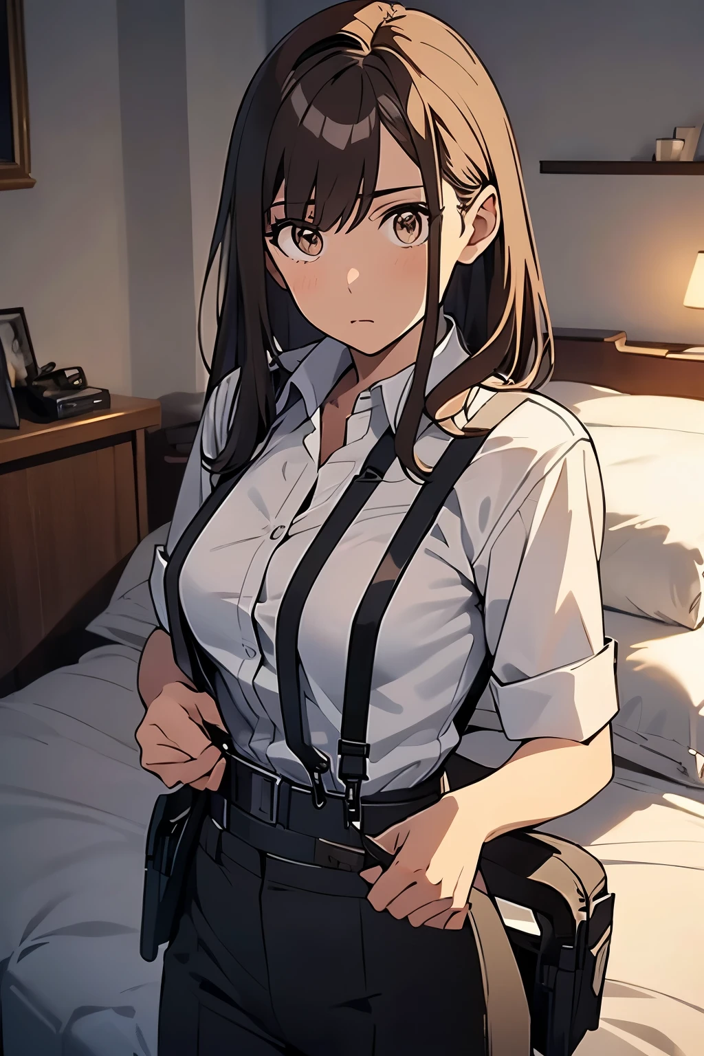 Brown Hair、Staring at the audience　　　Black suspenders　　　bulging big breasts　　 　 　　　wall: 　Black pantsuit　　　　　　sight　　　Small face　 　　　holster　　　Beautiful woman　　Show your hand　　 Lying in bed　　sight 　　Taunt　side　side汗 　arm　Dress shirt　Black Suit　belt