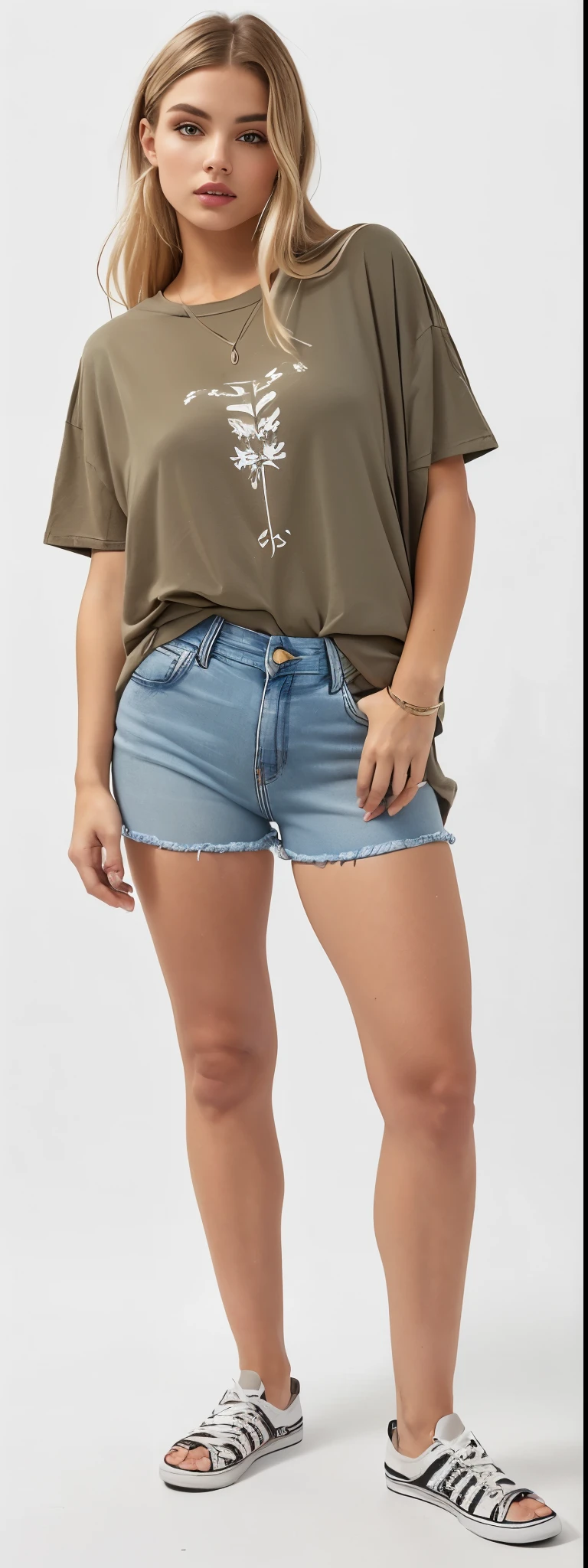 uma mulher de camisa cinza e shorts fica na frente de um fundo branco, jeans curtos, Shorts jeans, vestindo shorts e camiseta, Short curto, pele bronzeada, camiseta e shorts, shorts de menino, mulher baixa e robusta, shorts jeans, short jeans pants, baixa estatura, wearing denim Short curto, summer casual clothes, shorts, Roupa casual, Duques margaridas