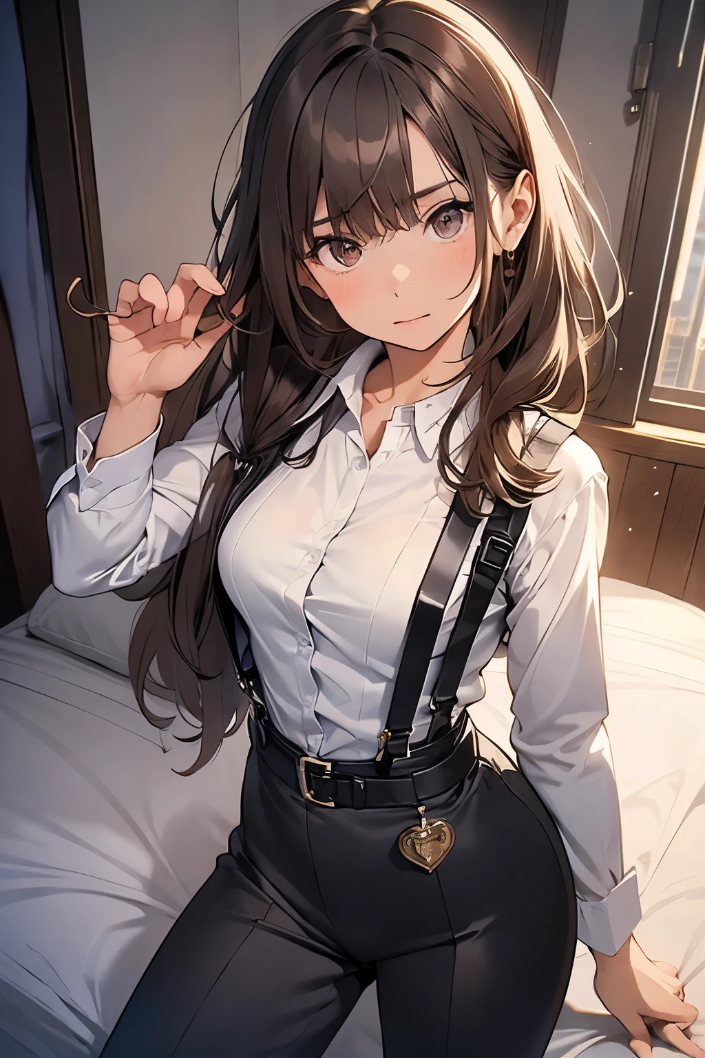 Brown Hair、Staring at the audience　　　Black suspenders　　　bulging big breasts　　 　 　　　wall: 　Black pantsuit　　　　　　sight　　　Small face　 　　　holster　　　Beautiful woman　　Show your hand　　 Lying in bed　　sight 　　Taunt　side　side汗 　arm　Dress shirt　Black Suit　belt