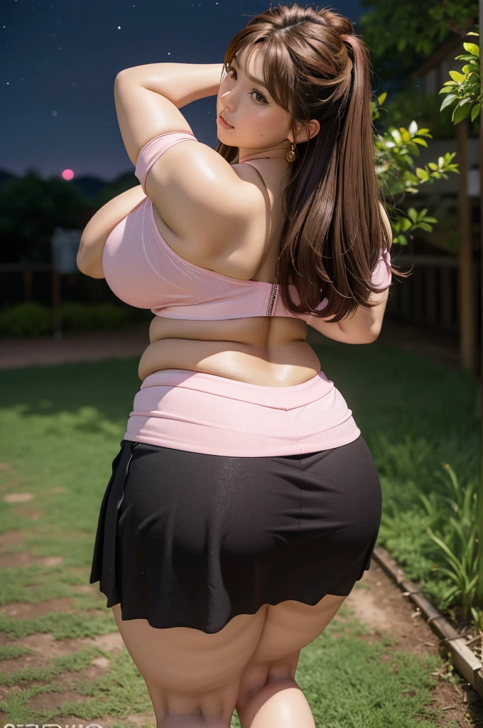 masterpiece,ultra detailed,,(sideshot,from behind,ass focus,doggystyle:1.2),(pink micro thong,black  short skirt:1.5)(,off-the-shoulder white blouse,earring:1.1),from above,huge buttocks,(leaning front,head down,look at ground,buttocks up:1.3),,(,in bush, outdoor,at night,night sky:1.3),(tanned gyaru,light brown hair:1.2),28 years old,(tareme:1.4),(curvy mature body:1.3),,sweaty,beautiful,,(thick  thighs:1.2),