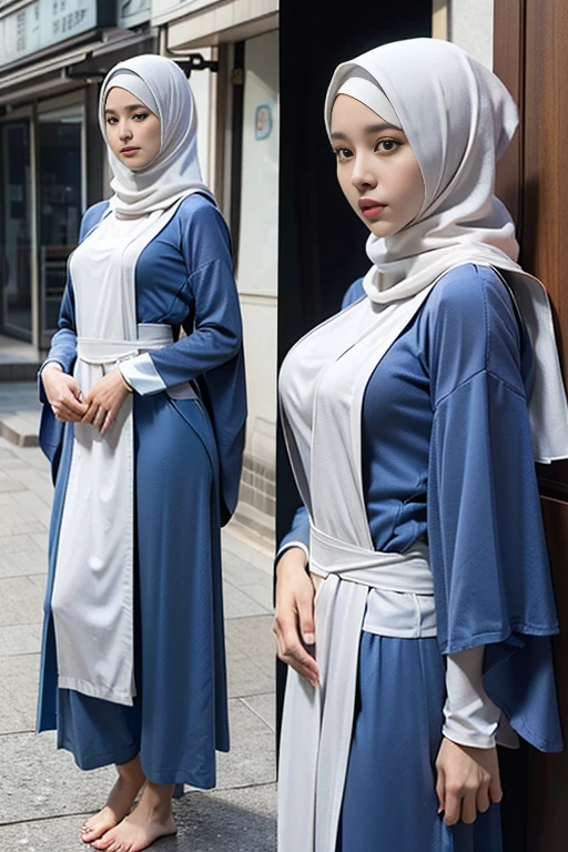 (RAW photo, best quality), POV, (realistic, photo-realistic:1.3), ((Robe Gamis Outfits loose opened)), white skin, showing half breasts, no bra, no underwear, best quality of Hijab Girl, highly detailed, masterpiece, ultra-detailed, illustration, 1girl, dynamic angle, world masterpiece hijabi, extremely detailed CG unity 8k wallpaper, ink, Amazing, cinematic lighting, (small breasts, thin waist, tight hips, body proportions), ((only Long robe gamis, loose opened, with short tight blue pants)), (no underwear, no bra)), sport shoes, standing and waiting bus at bus stop, (side view:1.2, front view:1.2), full body shot, panoramic