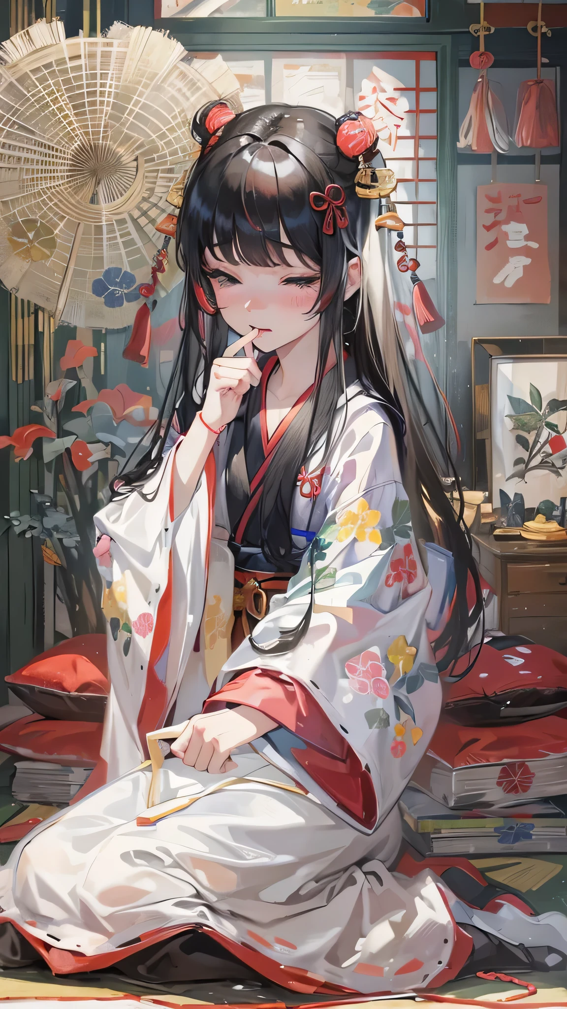 (rest style), (in the japanese bedroom), (sit down on japanese futon) (looking pov) (solo blunt bangs black hair long hair shrine maiden cute girl, sexy closed eyes with tears:1.3, to mouth, 15 yo), (in a plain white yukata), BREAK, perfect anatomy, masterpiece, best quality, 16k, beautiful detailed grow, daydreaming expression.
