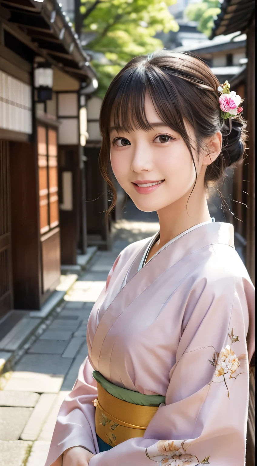 Professional Lighting,(Photorealistic:1.4), (Top image quality:1.0), (超A high resolution:1.0), 8k, Raw photography, (masterpiece:0.2), (Facing the children_v1:0.5)、(最高quality Detail:1.2)、Realistic、8K Ultra HD、High resolution、(1 girl:1.2)、超detailedな、High quality textures、複雑なdetailed、detailed、Very detailed CG、High quality shadows、detailed 美しく繊細な顔、Beautiful details and a delicate eye、(Symmetrical eyes:1.2),Written boundary depth、Ray Tracing,1 girl, Japanese Girls, (Natural smile:1.4),cute, thin, Portrait of a beautiful Japanese woman in a kimono, Standing elegantly on a street corner in Kyoto. Kimono with vibrant traditional patterns, Hair decorated with elegant and delicate hairpins, Gentle expression. (With the old streets of Kyoto in the background:1.4)、The soft light of a spring afternoon、Adding tranquility to the scene. Rendered in a Realistic style with great attention to detail, High resolutionの画像.Sky Porn, Magic Hour, (Realistic:1.3), finely, quality, (Tabletop:1.2), (Realistic:1.2), (最高quality), (複雑なdetailed), dramatic, Ray Tracing, photograph, +roller