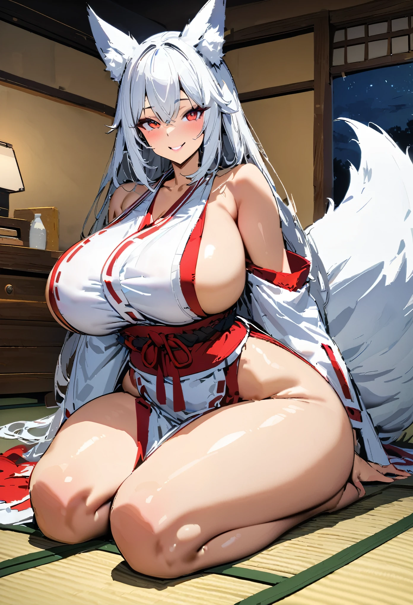 front view, 1girl, milf, woman, big breasts, wide hips, miko outfit, long back-length white hair, white fox tail, fox ears, kitsune, milf red eyes, full lips, smiling at viewer, sitting seiza, nighttime tatami room background, ultra-detailed, sketchy style, UHD, UHD, UHD