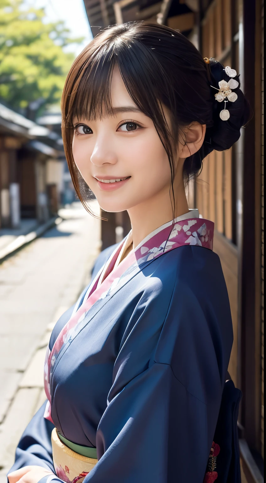 Professional Lighting,(Photorealistic:1.4), (Top image quality:1.0), (超A high resolution:1.0), 8k, Raw photography, (masterpiece:0.2), (Facing the children_v1:0.5)、(最高quality Detail:1.2)、Realistic、8K Ultra HD、High resolution、(1 girl:1.2)、超detailedな、High quality textures、複雑なdetailed、detailed、Very detailed CG、High quality shadows、detailed 美しく繊細な顔、Beautiful details and a delicate eye、(Symmetrical eyes:1.2),Written boundary depth、Ray Tracing,1 girl, Japanese Girls, (Natural smile:1.4),cute, thin, Portrait of a beautiful Japanese woman in a kimono, Standing elegantly on a street corner in Kyoto. Kimono with vibrant traditional patterns, Hair decorated with elegant and delicate hairpins, Gentle expression. (With the old streets of Kyoto in the background:1.4)、The soft light of a spring afternoon、Adding tranquility to the scene. Rendered in a Realistic style with great attention to detail, High resolutionの画像.Sky Porn, Magic Hour, (Realistic:1.3), finely, quality, (Tabletop:1.2), (Realistic:1.2), (最高quality), (複雑なdetailed), dramatic, Ray Tracing, photograph, +roller