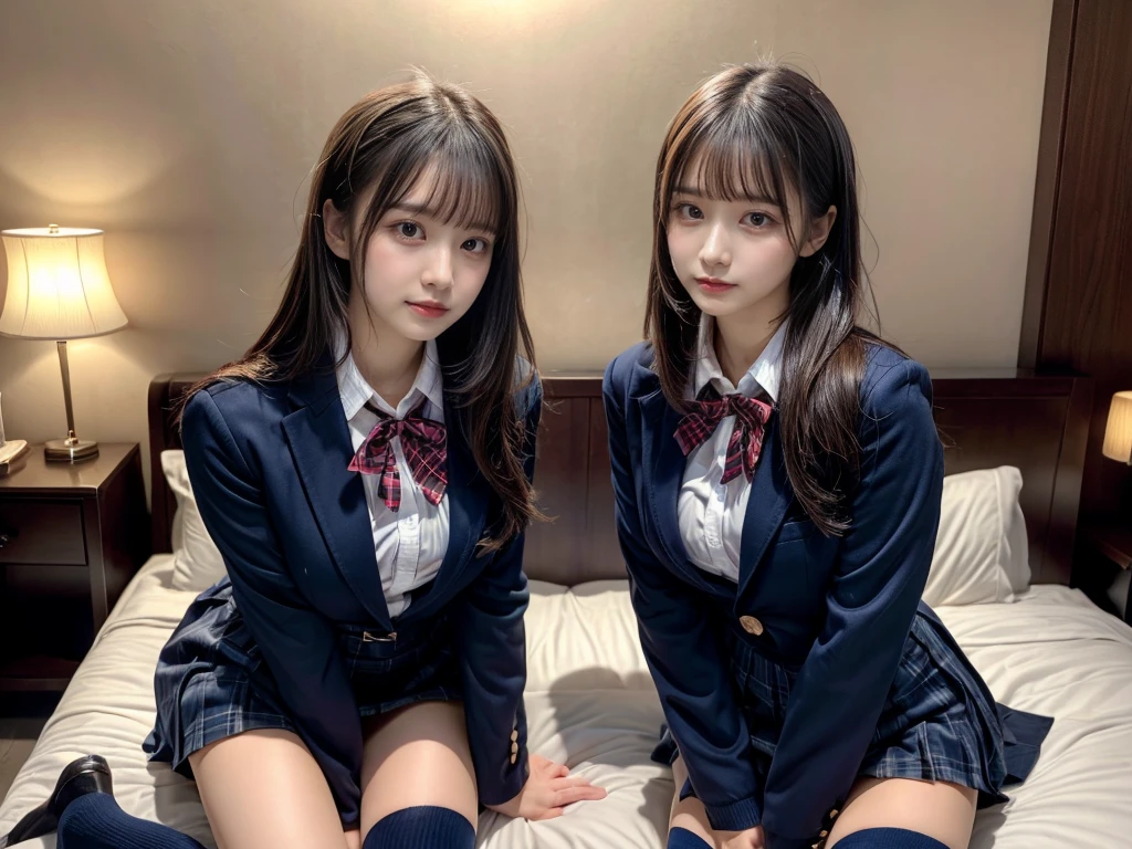 (8K, Raw photography, top-quality, ​masterpiece:1.2), master piece, best quality, illustration, Super detailed, fine details, High resolution, 8K,wall paper, perfect dynamic composition,(Details High quality, realistic depiction of eyes:1.3), ((2 girls, 2 schoolgirls)), The background is a luxury hotel room、High school girl uniform、blazer 、Super Short Check Uniform Skirt、Navy blue high socks、garterbelts、Colossal tits、Disturbed uniform, Play with each other,Touching each other's bodies,Touching the body of the girl next door, short bob hair, black hair color, huge breasts, Big Natural Color Lip, bold sexy pose, (perfect body shape), crying a little、cold gaze,  Beautiful makeup,glitter makeup,Cutest 18 years old, beautiful legs, hposing Gravure Idol, Voluptuous thighs