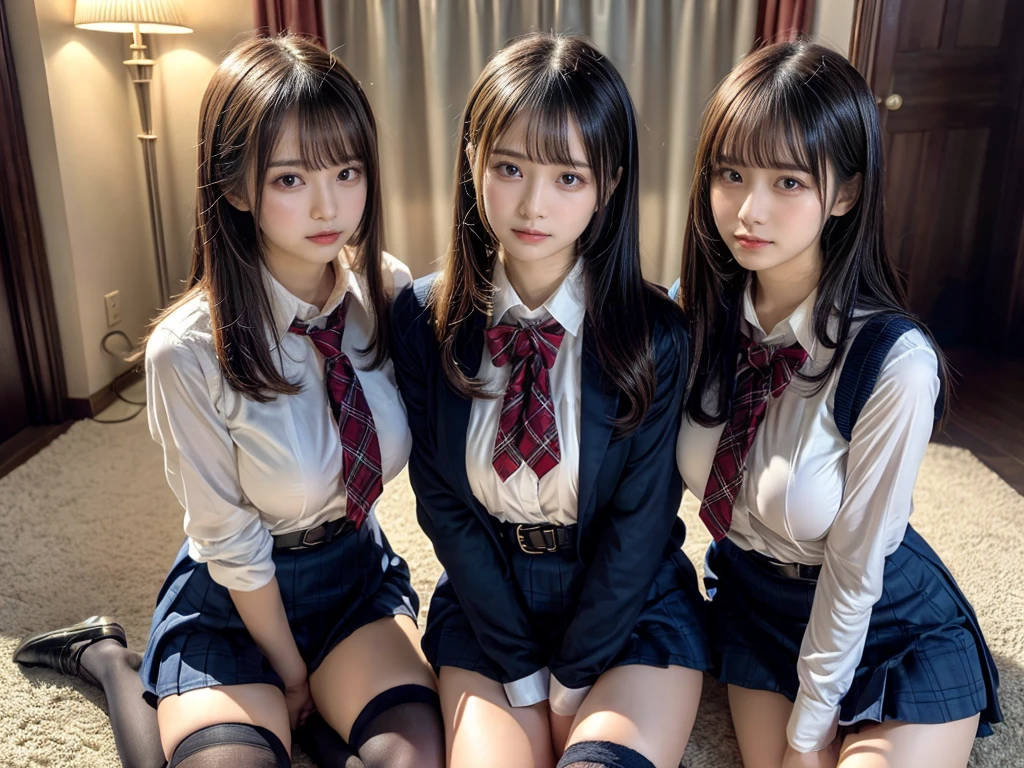 (8K, Raw photography, top-quality, ​masterpiece:1.2), master piece, best quality, illustration, Super detailed, fine details, High resolution, 8K,wall paper, perfect dynamic composition,(Details High quality, realistic depiction of eyes:1.3), ((2 girls, 2 schoolgirls)), The background is a luxury hotel room、High school girl uniform、blazer 、Super Short Check Uniform Skirt、Navy blue high socks、garterbelts、Colossal tits、Disturbed uniform, Play with each other,Touching each other's bodies,Touching the body of the girl next door, short bob hair, black hair color, huge breasts, Big Natural Color Lip, bold sexy pose, (perfect body shape), crying a little、cold gaze,  Beautiful makeup,glitter makeup,Cutest 18 years old, beautiful legs, hposing Gravure Idol, Voluptuous thighs