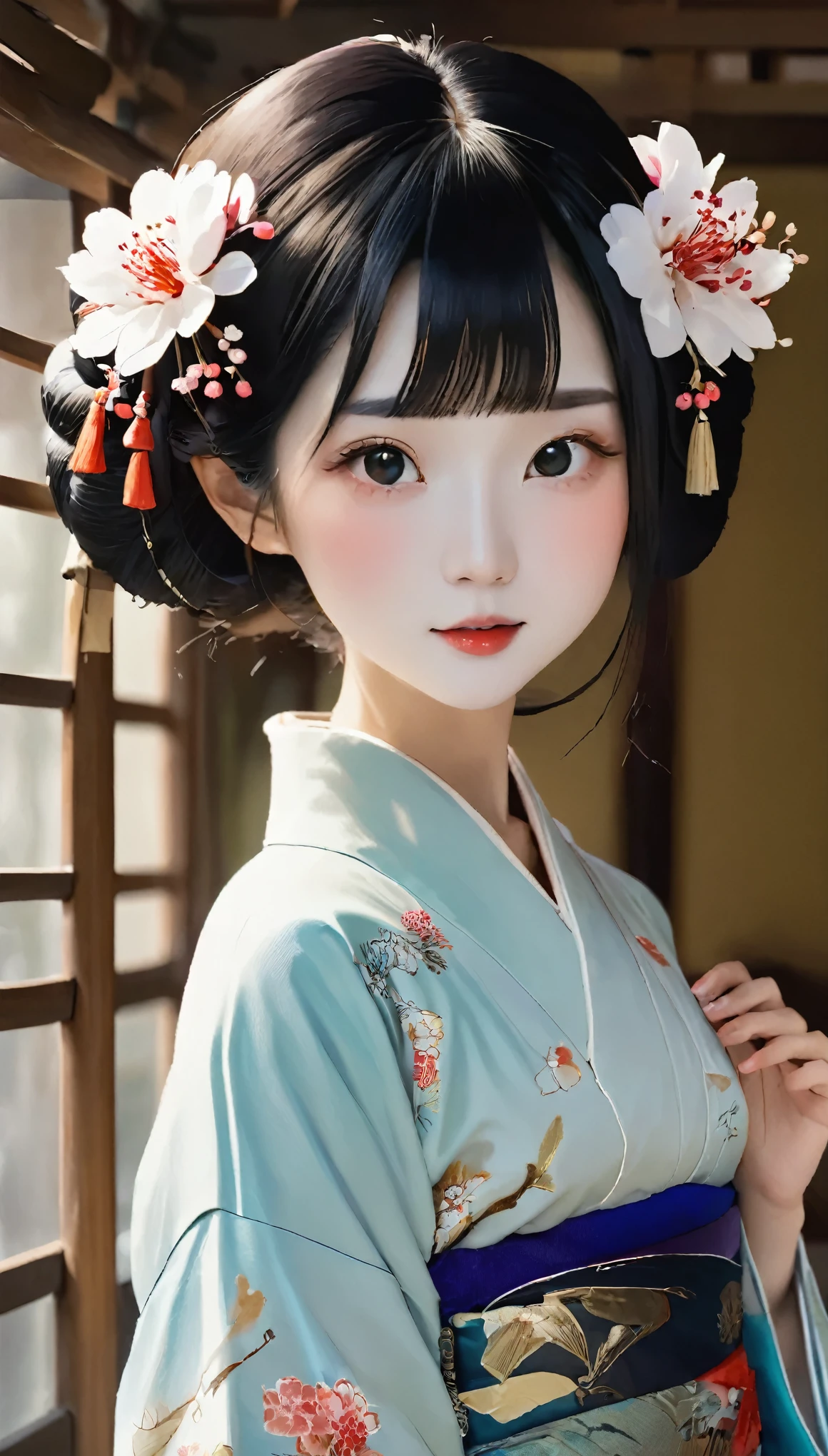 (8k、RAW Photos、highest quality、masterpiece:1.2)、(Realistic、Realistic)、1 girl、(((Full body angle:1.5)))、(((Beautiful posture full body photo)))、Takageta、White tabi、Anime Style、(((Takagetaで歩く芸者:1.5)))、(((Beautiful appearance)))、A woman in her 40s wearing a kimono with a beautiful flower hair ornament, Geisha Makeup, Portrait of a Geisha画, Geisha Makeup, Cute Face、Thin eyebrows、Portrait of a Geisha, Beautiful geisha, Japanese Geisha, Glamorous and sexy geisha, Beautiful geishaの肖像画画, Portrait of a Geisha, Geisha hairstyle, remarkable Geisha Makeup、Lots of eyelashes、Glowing eyelids、skeletally correct