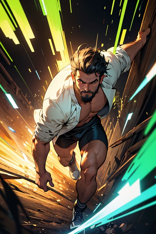 (Obra de arte,melhor qualidade,absurdos ), 1 homem 30 anos, muscular, barba, olhos detalhados, jaqueta aberta, Running for the camera, tronco, (fluorescent lamp), ((fundo abstrato)),