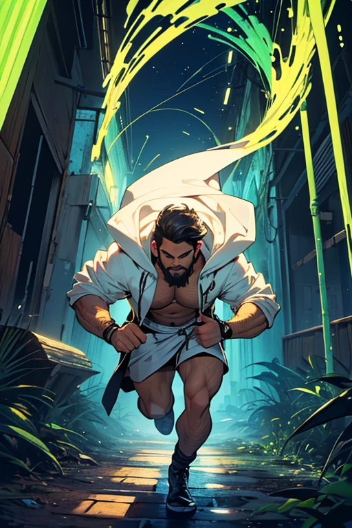 (Obra de arte,melhor qualidade,absurdos ), 1 homem 30 anos, muscular, barba, olhos detalhados, jaqueta aberta, Running for the camera, tronco, (fluorescent lamp), ((fundo abstrato)),