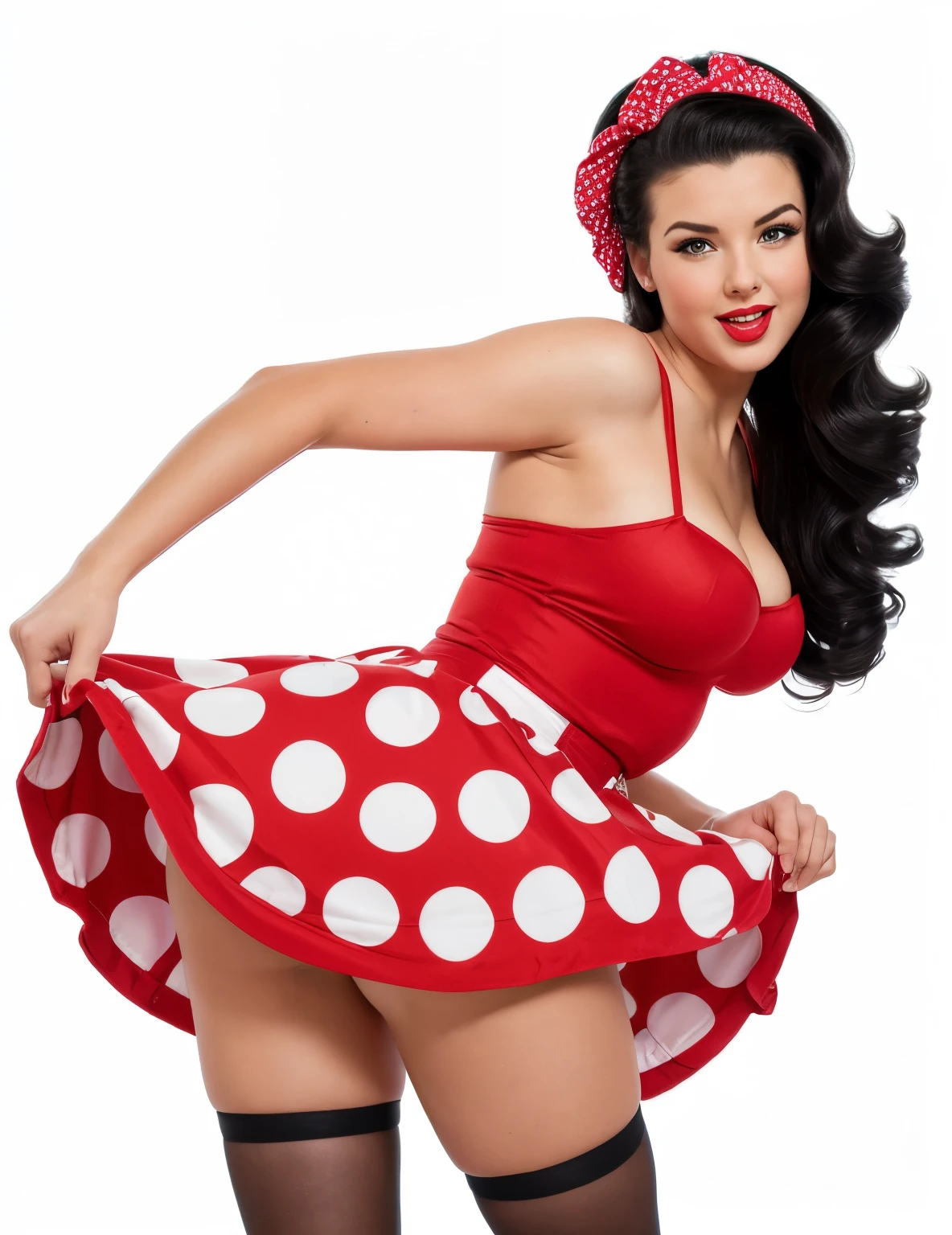 Full length photo of a girl, realistically depicting a 35 year old woman as sexy and emotional. she has black hair, creating a mysterious and sexy image. Model dressed in pin-up style with hair styled "victory rolls" long hair. Her plump red lips make her look sexy. She has average breast size. She portrays an American housewife, posing in various sexual positions. Against a white background, she appears in a red retro dress with large polka dots with a fluffy, voluminous ballerina skirt. She has a red bandana on her head, and on her feet there are red stockings. The photo is made in pin-up style, emphasizing the retro-USA vibe. Her sexy look, she looks at me, and blows a kiss, give the photo a special charm. she is surprised, she flirts, her mouth is open, she laughs