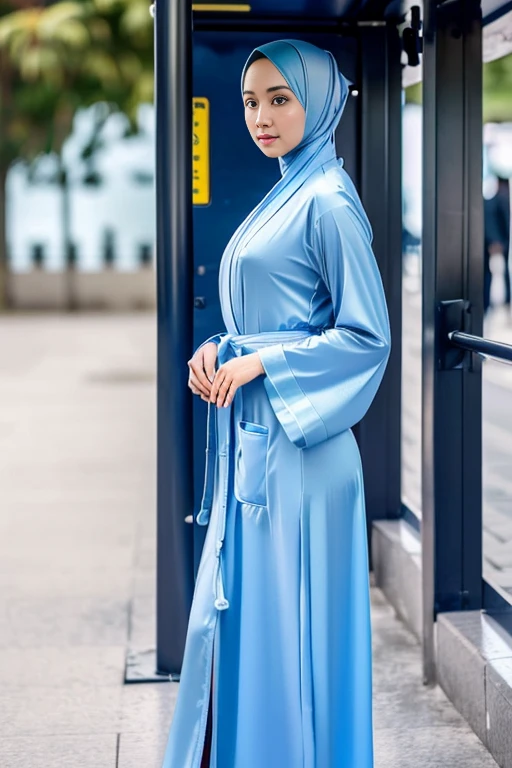(RAW photo, best quality), POV, (realistic, photo-realistic:1.3), ((Robe Gamis Outfits loose opened)), white skin, showing half breasts, no bra, no underwear, best quality of Hijab Girl, highly detailed, masterpiece, ultra-detailed, illustration, 1girl, dynamic angle, world masterpiece hijabi, extremely detailed CG unity 8k wallpaper, ink, Amazing, cinematic lighting, (small breasts, thin waist, tight hips, body proportions), ((only Long robe gamis, loose opened, with short tight blue pants)), (no underwear, no bra)), sport shoes, standing and waiting bus at bus stop, (side view:1.2, front view:1.2), full body shot, panoramic