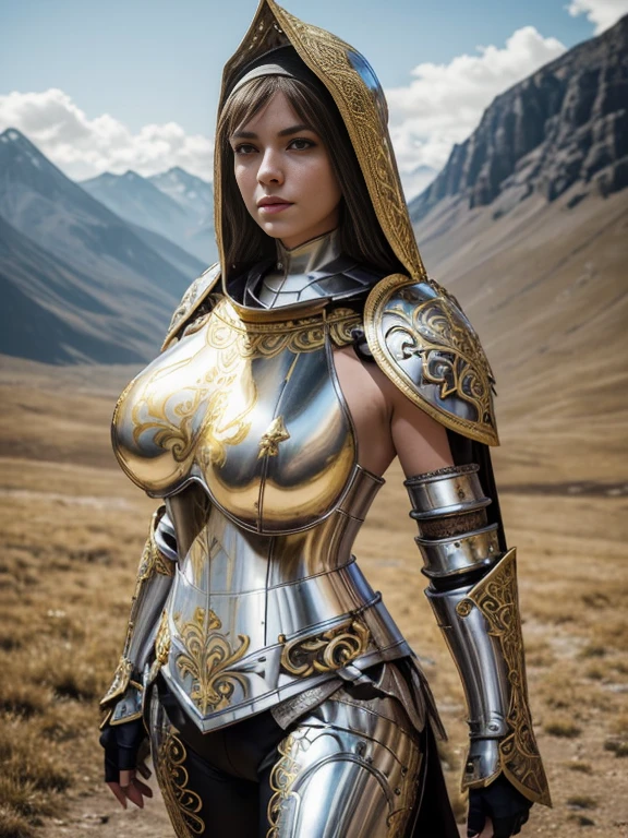 (masterpiece, top quality, best quality, official art, beautiful and aesthetic:1.2), (1girl:1.3), light freckles, fair skin, extremely detailed, portrait, looking at viewer, solo, (full body:0.6), detailed background, close up, (warm grasslands theme:1.1), holy paladin knight, charlatan, smirk, mysterious, swaying in mountains, modest attire, ((((ornate white and gold metal plate armor)))), cowl, nun hood, wimple, boob armor, cowl, robe, chain mail, chainmail, leggings, chainmail leggings, chain mail leggings, (armored breastplate), tabard, gorget, hood, pauldrons, greaves, armored, long boots, longsword, shield, cape, cloak, pearlescent metal, white fabric, pale leather, ((((gigantic breasts)))), slim waist, slim hips, long legs, medieval (mountain exterior:1.1) background, dark mysterious lighting, shadows, magical atmosphere, dutch angle,