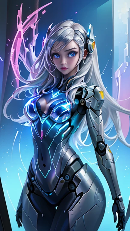 (La mejor calidad,A high resolution,Ultra - detallado,actual),Ariana Grande japonesa androide cyborg, robotic parts, hermoso estudio con luz suave, Detalles vibrantes, Ciberpunk de lujo, (Android body made of white and silver transparent glass and plastic:1.4), , (Mecanismos internos del cuerpo de metal plateado+pink), dynamic pose, Fluid organic components, Grabado detallado, Lace designs, (Circuitos dorados brillantes:1.4), (hermosos ojos azules),ojos  brillantes, (pose vaquero ), (realistic) ,Arte detallado de alta calidad 8K, Fanart Mejor ArtStation, Fantasy art style ,(cuerpo  de vidrio transparente:1.4),(Perfect anatomy) ,UHD, (fondo laboratorio Robotic futuristic dystopia colors:1.4) 