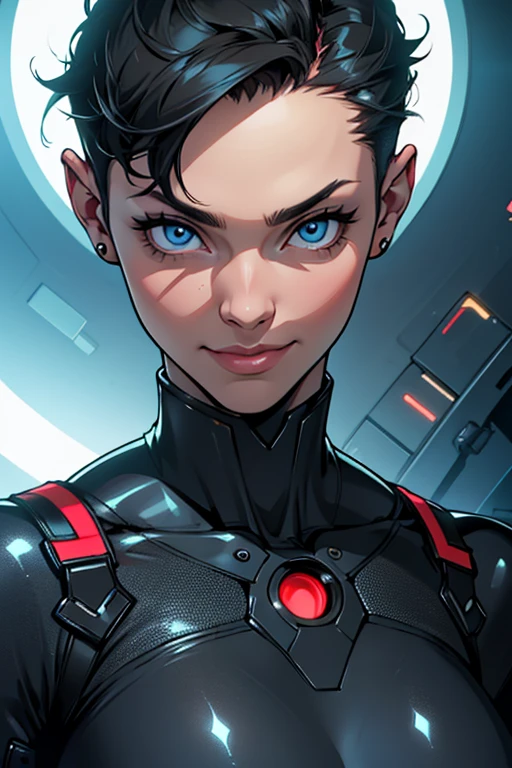 (art, Best quality, absurd, 4K, aesthetics, perfect eyes, perfect face, detailed, complex, Perfect lighting) 1 girl with fair skin, short shaved hair, wears a red and black futuristic bodysuit, queen of an alien race, warrior , gentle smile