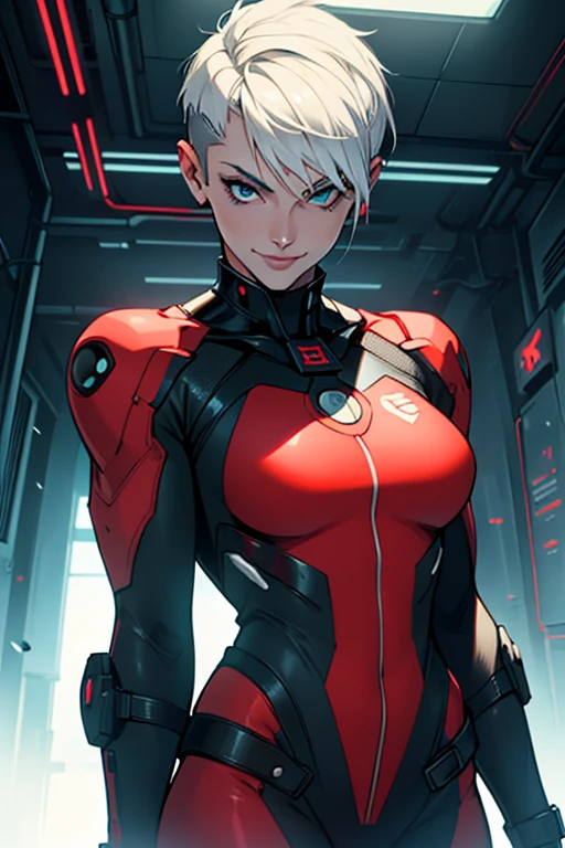 (art, Best quality, absurd, 4K, aesthetics, perfect eyes, perfect face, detailed, complex, Perfect lighting) 1 girl with fair skin, short shaved hair, wears a red and black futuristic bodysuit, queen of an alien race, warrior , gentle smile