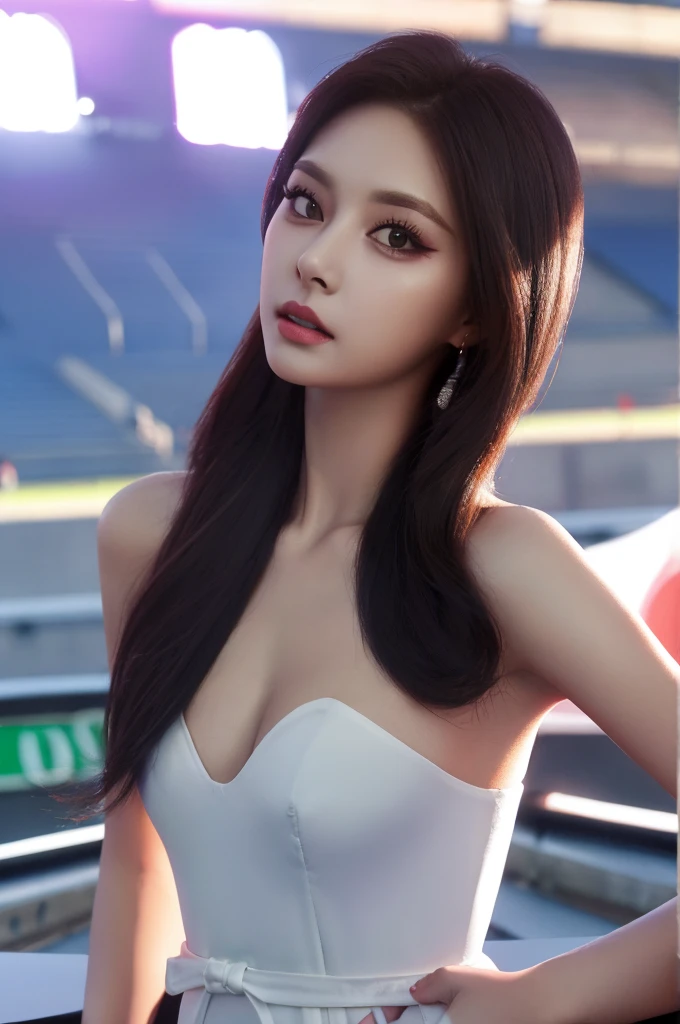 Tzuyu 1, woman, (Realistic), (Hyperrealism), (photoRealistic), Written boundary depth, eye make up:0.7 (whole body:1.2), (Large Bust),(Tight waist), Observe the audience,In the pits of a race track, Race Queen, A sexy dress with open shoulders and neckline