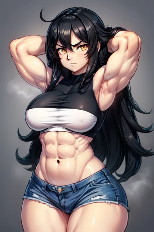((((girl)))) (((bulging muscles))) very long hair black hair yellow eyes pale skin upset
