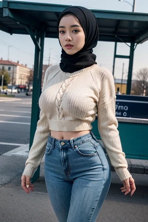 (RAW photo, best quality), POV, (realistic, photo-realistic:1.3), ((Sweaters Outfits)), HIJAB OUTFITS DRESS, best quality of Hijab Girl, Full Hijab Dress, highly detailed, masterpiece, ultra-detailed, illustration, 1girl, dynamic angle, world masterpiece hijabi, extremely detailed CG unity 8k wallpaper, ink, Amazing, cinematic lighting, (big breasts, thin waist, tight hips, body proportions), ((white long sleeve tight sweater)), ((blue Jeans)), sport shoes, standing and waiting bus at bus stop, (side view:1.2, front view:1.2), full body shot, panoramic