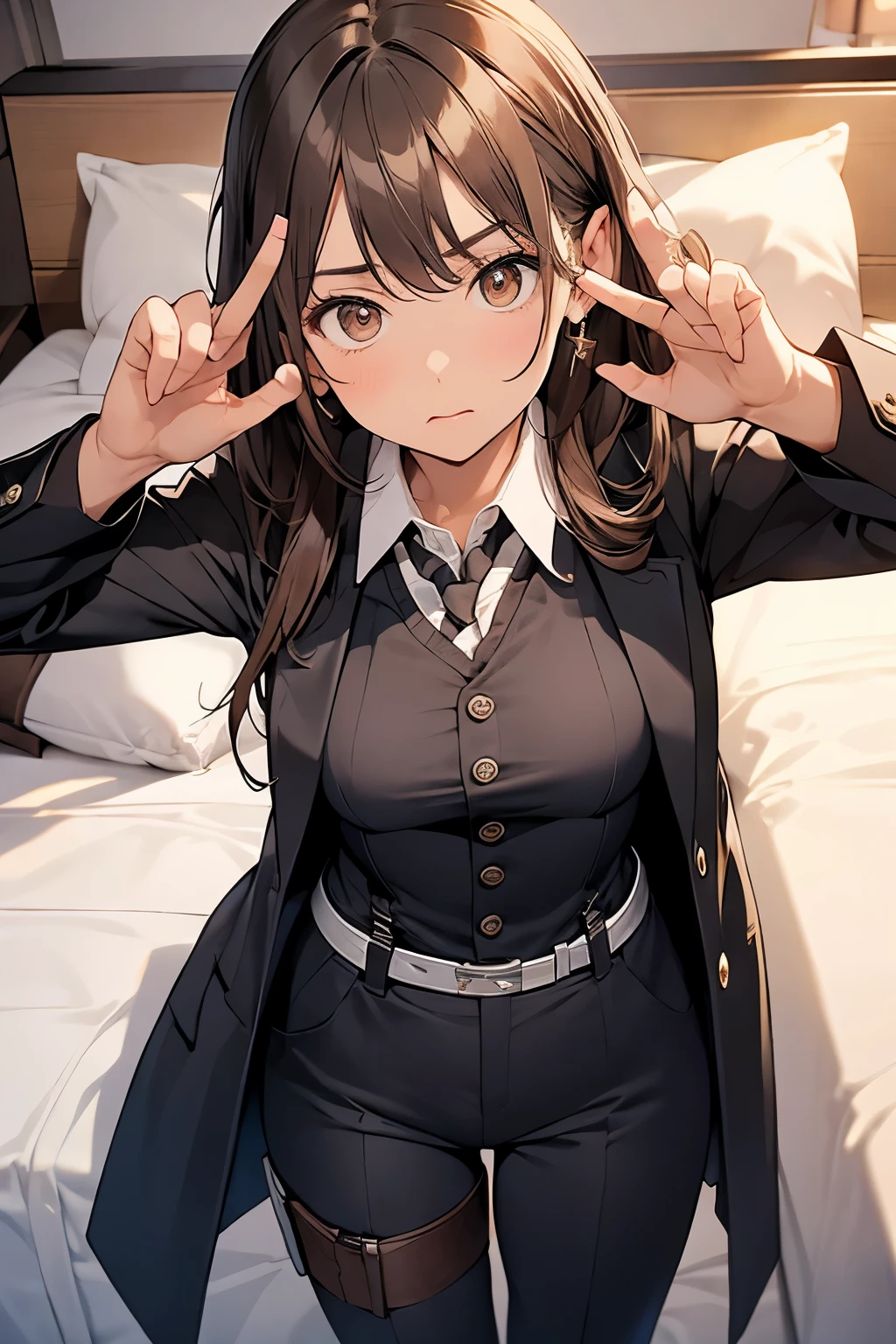 Brown Hair、Staring at the audience　　　Black suspenders　　　bulging big breasts　　 　 　　　wall: 　Black pantsuit　　　　　　sight　　　Small face　 　　　holster　　　Beautiful woman　　Show your hand　　 Lying in bed　　sight 　　Taunt　side　side汗 　arm　Dress shirt　Black Suit　belt