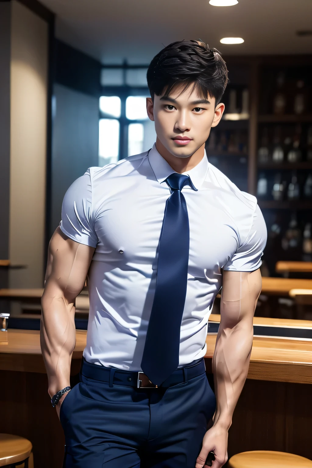 (masterpiece: 1.2),(CGI Art:1.3),(Realistic:1.5),(Post Processing:1.3), (crisp focus:1.3), 1 man, (Navy Necktie Suit), Navy Cargo Pants, Young Korean , Korean Men, (High shadow detail), Pectoral muscles, Big arm muscles, blood vessel, Big muscles, Wide shoulders, looking at the audience, balance eyes, nightclub, bar, Cafe