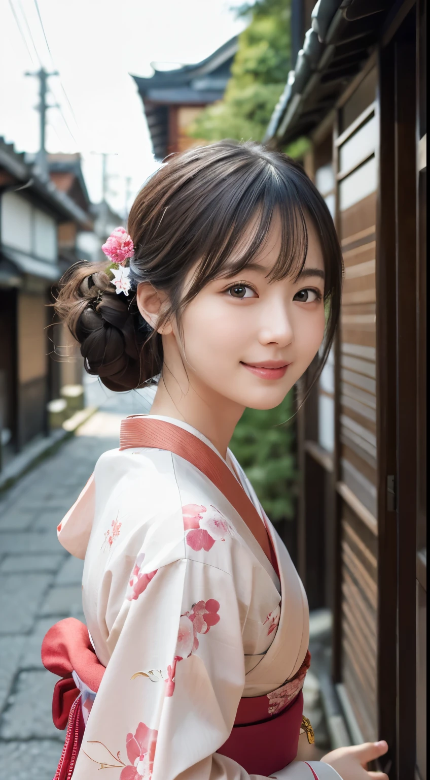 Professional Lighting,(Photorealistic:1.4), (Top image quality:1.0), (超A high resolution:1.0), 8k, Raw photography, (masterpiece:0.2), (Facing the children_v1:0.5)、(最高quality Detail:1.2)、Realistic、8K Ultra HD、High resolution、(1 girl:1.2)、超detailedな、High quality textures、複雑なdetailed、detailed、Very detailed CG、High quality shadows、detailed 美しく繊細な顔、Beautiful details and a delicate eye、(Symmetrical eyes:1.2),Written boundary depth、Ray Tracing,1 girl, Japanese Girls, (Natural smile:1.4),cute, thin, Portrait of a beautiful Japanese woman in a kimono, Standing elegantly on a street corner in Kyoto. Kimono with vibrant traditional patterns, Hair decorated with elegant and delicate hairpins, Gentle expression. (With the old streets of Kyoto in the background:1.4)、The soft light of a spring afternoon、Adding tranquility to the scene. Rendered in a Realistic style with great attention to detail, High resolutionの画像.Sky Porn, Magic Hour, (Realistic:1.3), finely, quality, (Tabletop:1.2), (Realistic:1.2), (最高quality), (複雑なdetailed), dramatic, Ray Tracing, photograph, +roller