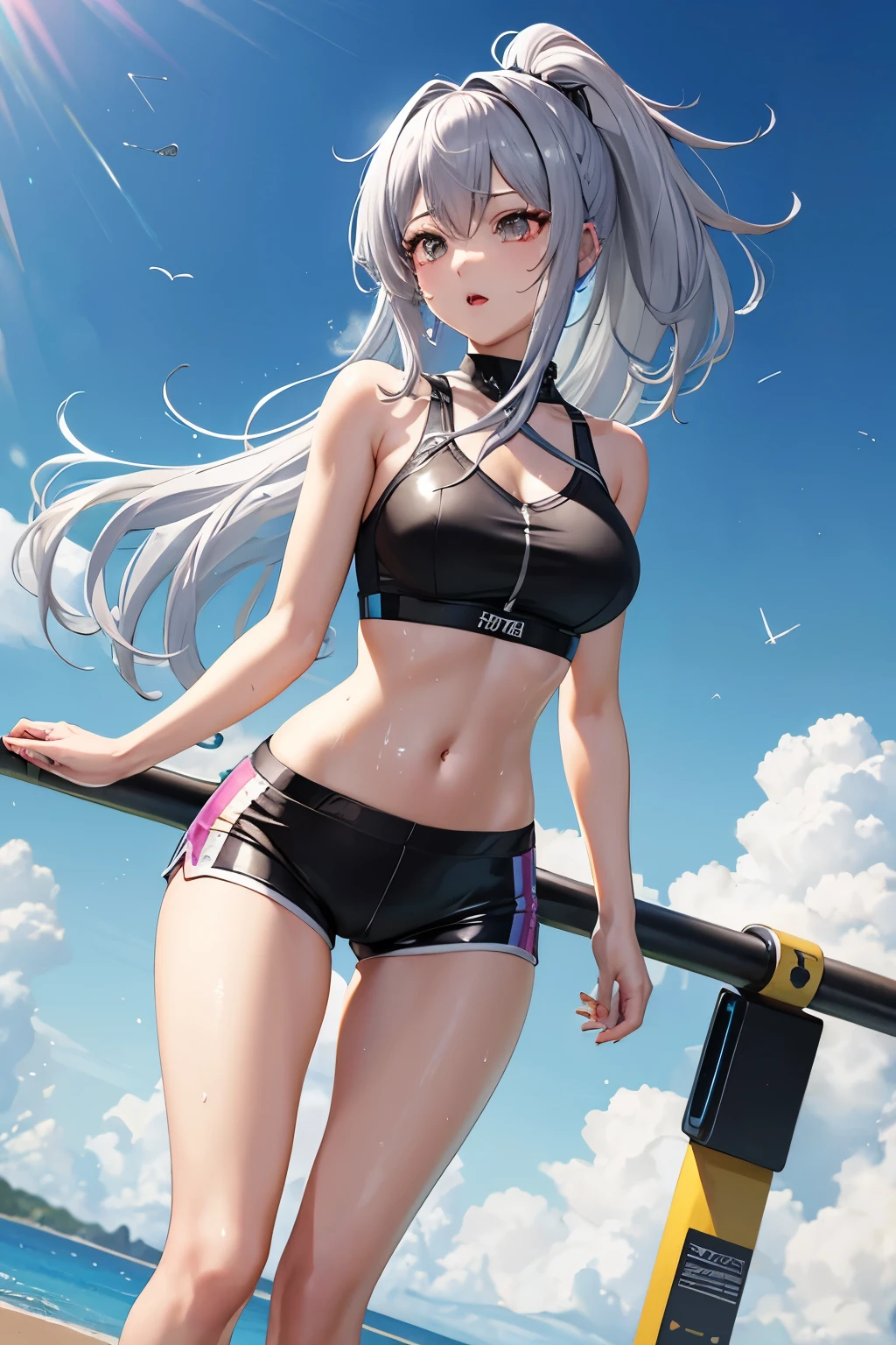 （（（highest quality、first-clasasterpiece、Normal body、8k、Detailed face、Ultra-precision、Normal hand、Normal finger、５Finger、）））Brightly colored hair、Rainbow black silver hair、Sports Bra、hot pants、Thong、Bite、Sweat flying、Uplifting、flowing、Sprinting