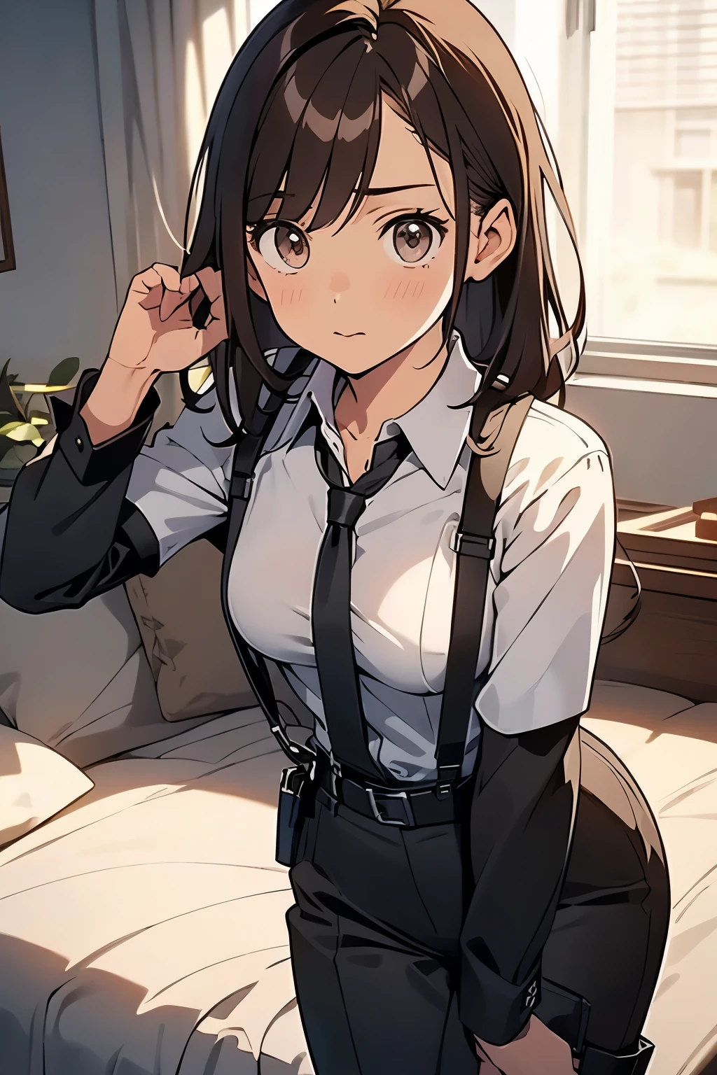 Brown Hair、Staring at the audience Black suspenders bulging big breasts wall: Black pantsuit sight Small face holster Beautiful woman Show your hand Lying in bed sight Taunt side side汗 arm Dress shirt Black Suit belt