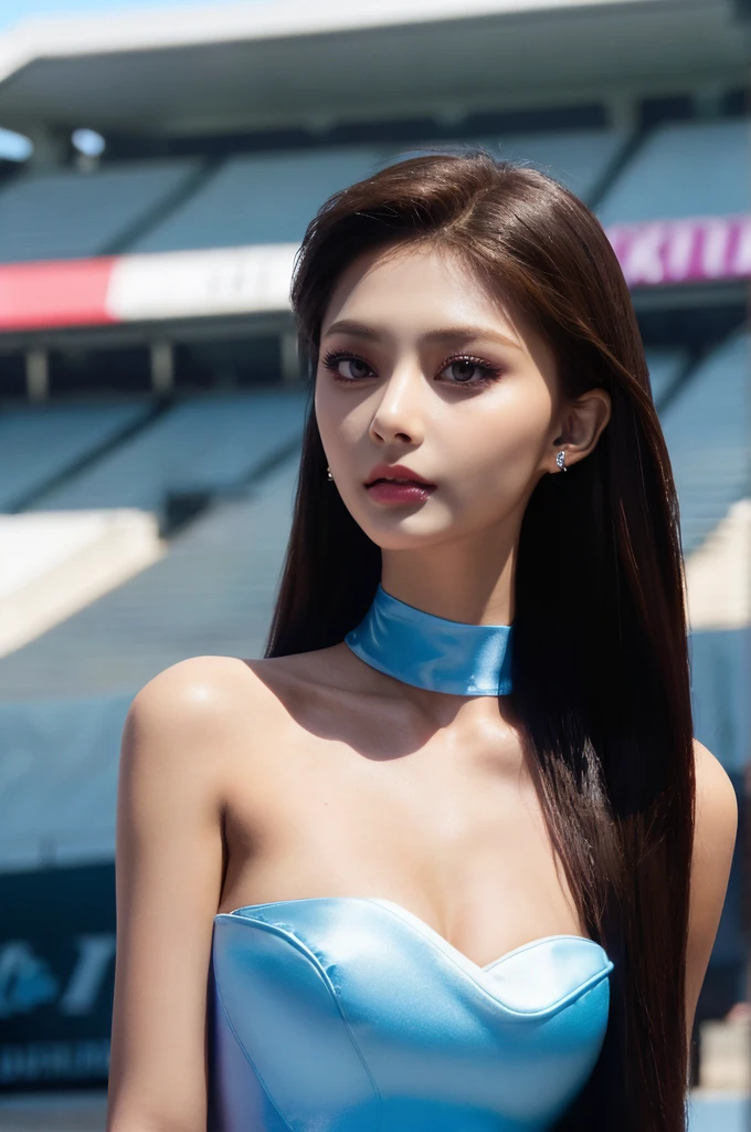 Tzuyu 1, woman, (Realistic), (Hyperrealism), (photoRealistic), Written boundary depth, eye make up:0.7 (whole body:1.2), (Large Bust),(Tight waist), Observe the audience,In the pits of a race track, Race Queen, A sexy dress with open shoulders and neckline
