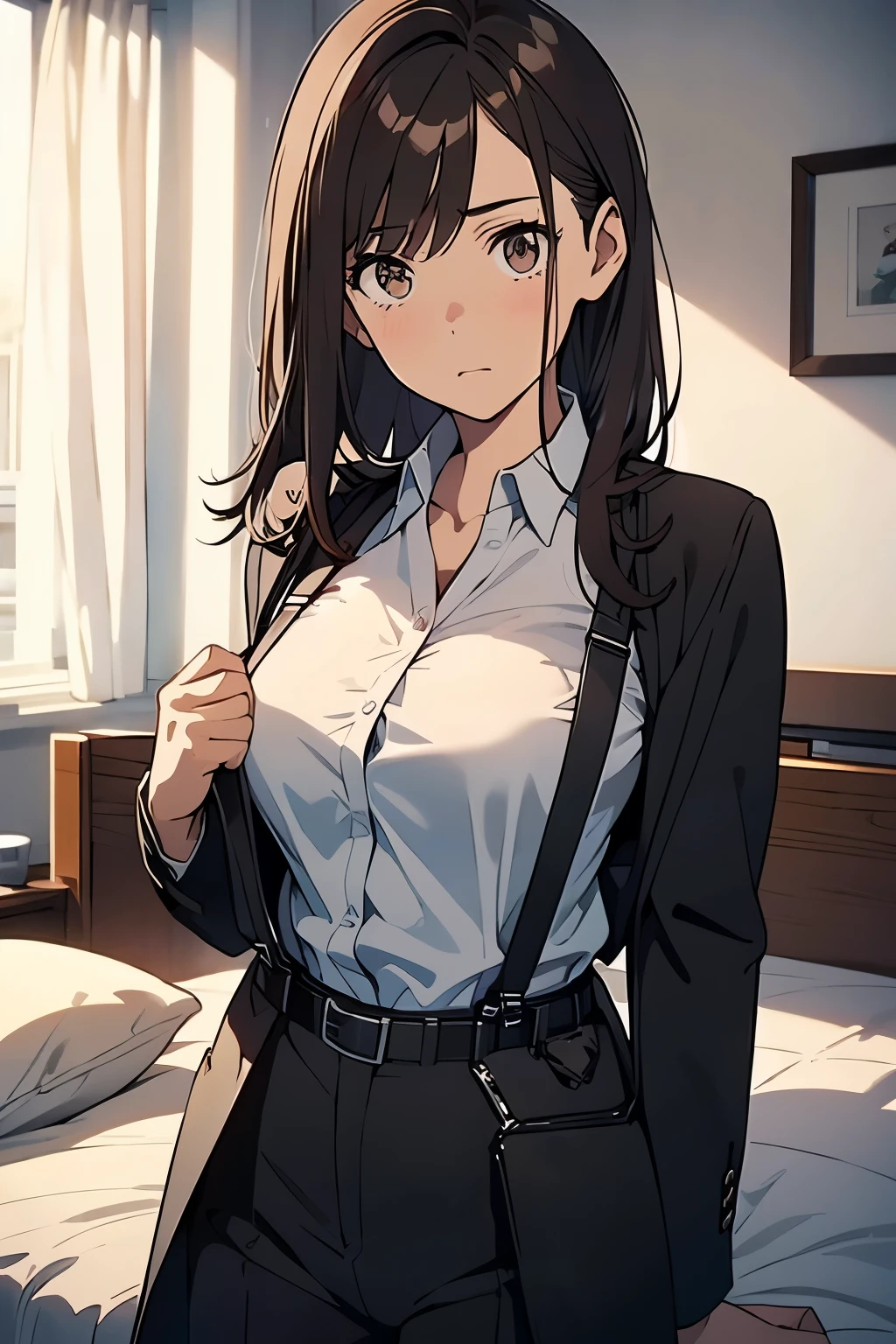 Brown Hair、Staring at the audience　　　Black suspenders　　　bulging big breasts　　 　 　　　wall: 　Black pantsuit　　　　　　sight　　　Small face　 　　　holster　　　Beautiful woman　　Show your hand　　 Lying in bed　　sight 　　Taunt　side　side汗 　arm　Dress shirt　Black Suit　belt