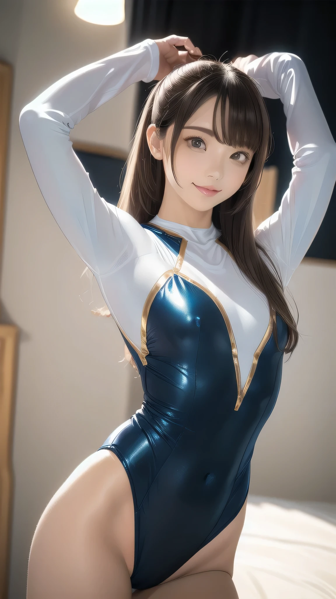 woman:1 person, ((Highly detailed skin), Beautiful realistic face, White skin, Pointed Chest, Small nipples, Perfect Anatomy, Realistic eyes, Natural Eyes, Brown Eyes, Accurate eye focus, Accurate limbs), (Hyper Realist, Ultra-realistic, 4k, Attention to detail, Ultra-high resolution, highest quality, masterpiece, Presence, dynamic, Uplifting, bold, Sharpness), (Thinning hair:2), (Soft Hair:2), (Straight hair:1.5), Long, slicked bangs, Very light coppery amber hair, Hair on one eye, (Twin tail hair), (Female gymnast, Detailed costume, Wearing a long sleeve leotard:1.5), Shiny long sleeve leotard, Metallic colors long sleeve leotard, Racing long sleeve leotard, Gymnastics Long Sleeve Leotard, High leg long sleeve leotard, Long sleeve leotard with crystals, ({Metallic pink color| Metallic gold color| Metallic silver color| Metallic red color| Metallic navy color| Metallic blue color| Metallic purple color| Metallic yellow color| Metallic grey color| Metallic colors|}Long sleeve leotard colors), Big Breasts:1.2, Tall, Long, slender limbs, The long-sleeved leotard is digging into her butt, Sexy pose, Open leg pose, barefoot, Looking into the camera, smile, (Gymnastics Venue:1.3), Nikon, Canon,