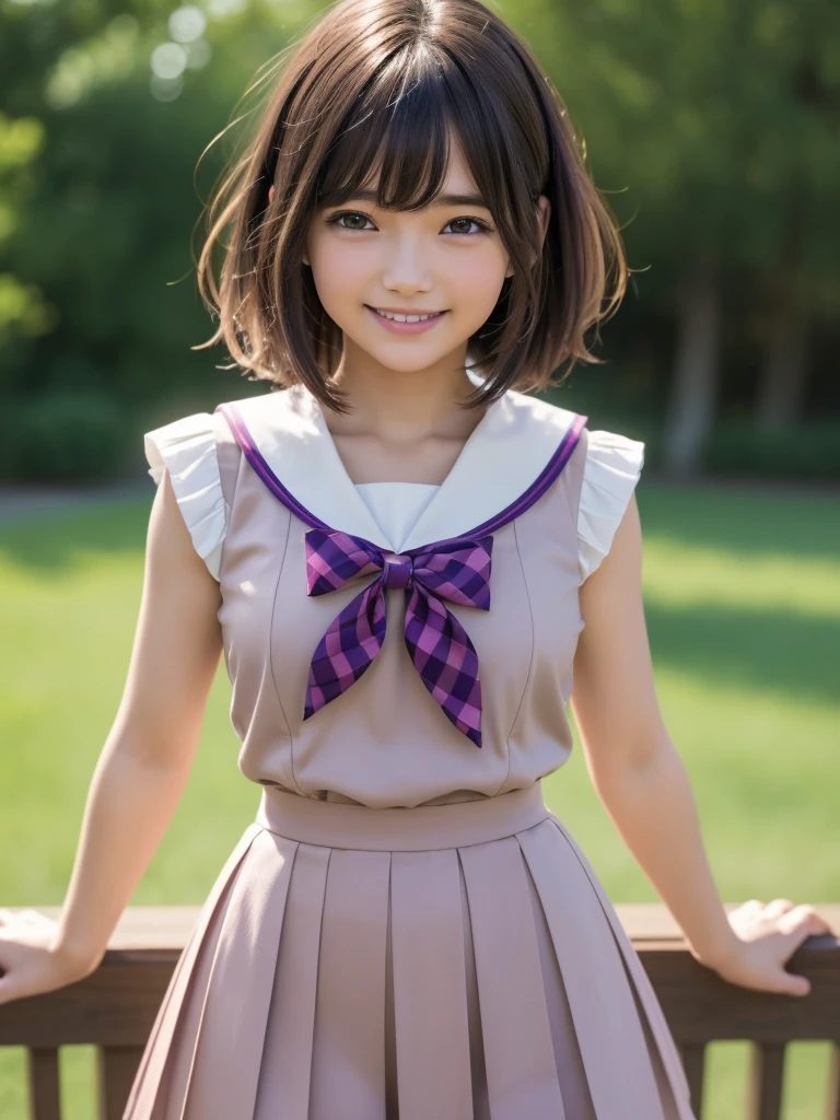 (highest quality, 4k, 8K, High resolution, Tabletop:1.2), Super detailed, Realistic:1.37, Light brown hair, Short Bob Hair, Asymmetrical bangs, Mature Woman, high school girl, Sailor suit, Purple and pink checkered micro mini pleated skirt, Super super slender body, Shy and cute face, A very happy smile