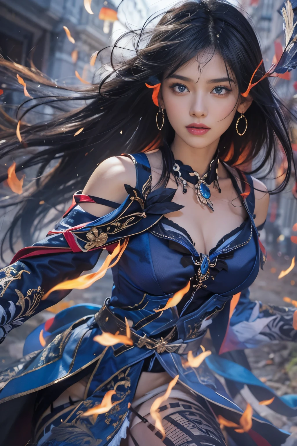 (Masterpiece, Best quality, high resolucion) 1 maître du feu with long black hair and blue eyes in a pose d'action ensemble prêt à affronter son adversaire. Elle porte une cape noire de magicien, Golden bracelets. It is in color and uses the flames. battlefield, monde fantastique, standing in the middle of the image
