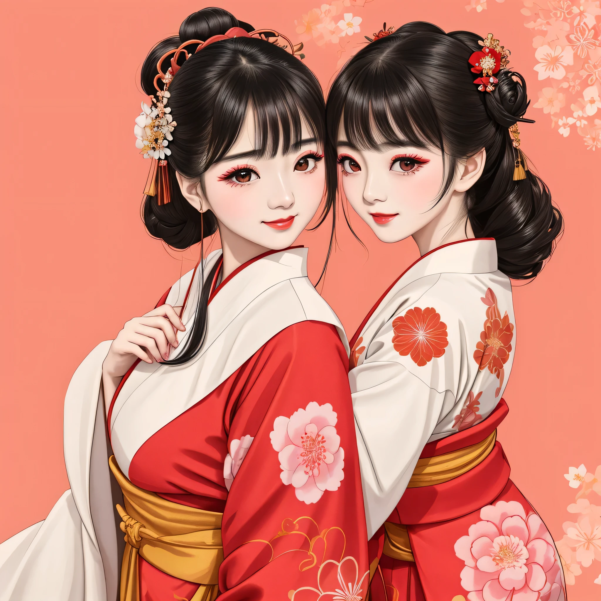 Each has a different expression2People and sisters、(2 girls)、⦅Dancing traditional arts with grace)、((Big Breasts、Small Face、Not exposed))、highest quality、masterpiece、(Black Hair、Bun Hair)、Brown Eyes、⦅Wide angle、Angle from above the waist and diagonally below、Pause on the magazine cover、Their gazes are different, gazing into the distance⦆、(8K High Quality、masterpiece、High resolution、Realistic and beautiful light and shadow、(highest quality)、(High Resolution)、(Very delicate and beautiful)、(Beautiful 8k face)、(With a smile、Beautiful eyes)、(Clear skin)、(Soft hair)、(8Head to Body)、(A Japanese style yukata kimono with red, pink and orange floral patterns on a white background, interspersed with gold powder、Five beautiful Japanese girls wearing yukata)、((Tanabata decoration background))、((Small Face))、(arms up)、Thin and small nose、(Red lipstick)、(Make your cheeks red)、(Glossy skin)、((Ink painting style))、Very thin eyebrows、Overall ultra-high image quality、(She is wearing maiko-style makeup.)、Whitening、Long and beautiful eyelashes、Glowing Skin、(Red cheeks),Straight nose、masterpiece、highest quality、whole body、 Eyebrows visible through hair、Bun Hair、Grin、Gal、Gal、Viewer's Eyes、Plaid、Stylish、woman、fine、Pause、
Waiting to start