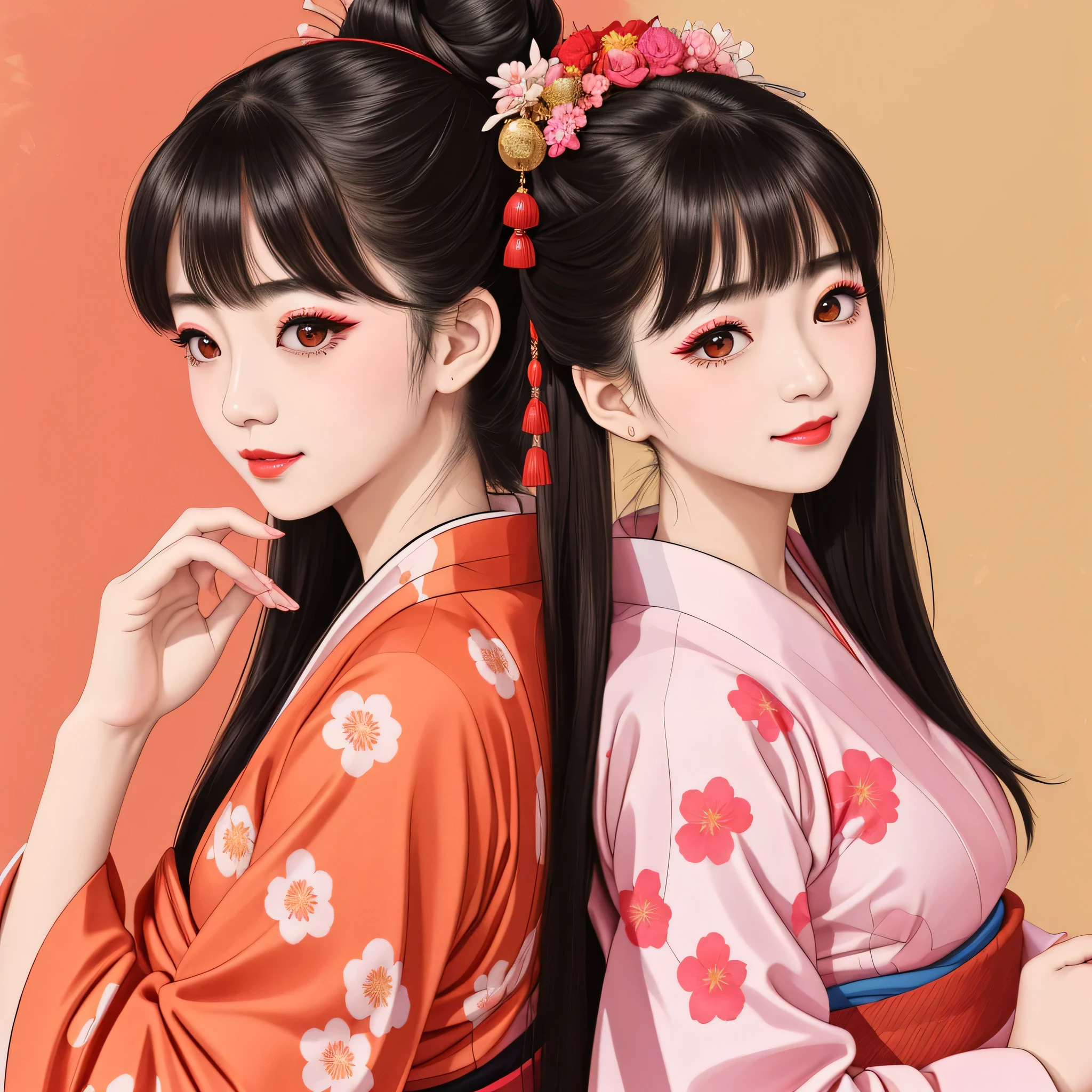 Each has a different expression２People and sisters、(２ girls）、｟Dancing traditional arts with grace)、((Big Breasts、Small Face、Not exposed))、highest quality、masterpiece、（Black Hair、Bun Hair）、Brown Eyes、｟Wide angle、Angle from above the waist and diagonally below、Pause on the magazine cover、Their gazes are different, gazing into the distance｠、(８K High Quality、masterpiece、High resolution、Realistic and beautiful light and shadow、(highest quality)、(High Resolution)、(Very delicate and beautiful)、(Beautiful 8k face)、(With a smile、Beautiful eyes)、(Clear skin)、(Soft hair)、(８Head to Body)、(A Japanese style yukata kimono with red, pink and orange floral patterns on a white background, interspersed with gold powder、Five beautiful Japanese girls wearing yukata)、((Tanabata decoration background))、((Small Face))、(arms up)、Thin and small nose、（Red lipstick）、（Make your cheeks red）、（Glossy skin）、((Ink painting style))、Very thin eyebrows、Overall ultra-high image quality、（She is wearing maiko-style makeup.）、Whitening、Long and beautiful eyelashes、Glowing Skin、（Red cheeks）,Straight nose、masterpiece、highest quality、whole body、 Eyebrows visible through hair、Bun Hair、Grin、Gal、Gal、Viewer&#39;s Eyes、Plaid、Stylish、woman、fine、Pause、
Waiting to start 
