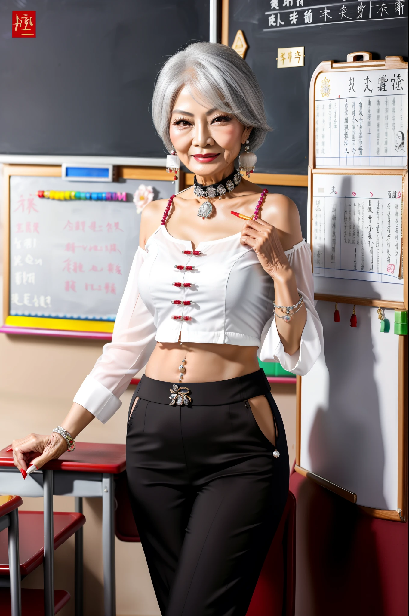 75 years old Mom MILF Chinese Lady large earring Big choker navel piercing decoration A bracelet Silver Hair realisitic Gorgeous Madame Beautiful Mature Woman sexy Smile Gentle woman navel piercing 4K High quality school classroom Whiteboard teacher shirt Gorgeous Madame Beautiful Mature Woman