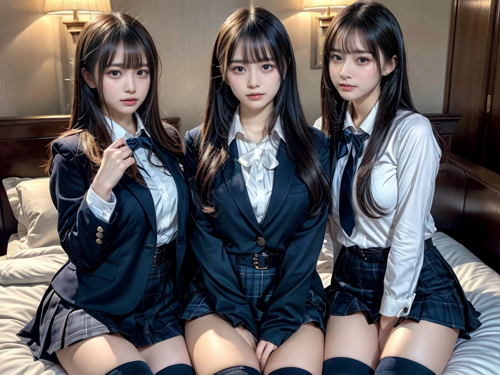 (8K, Raw photography, top-quality, masterpiece:1.2), master piece, best quality, illustration, Super detailed, fine details, High resolution, 8K,wall paper, perfect dynamic composition,(Details High quality, realistic depiction of eyes:1.3), ((2 girls, 2 schoolgirls)), The background is a luxury hotel room、High school girl uniform、blazer 、Super Short Check Uniform Skirt、Navy blue high socks、garterbelts、Colossal tits、Disturbed uniform, Play with each other,Touching each other's bodies,Touching the body of the girl next door, short bob hair, black hair color, huge breasts, Big Natural Color Lip, bold sexy pose, (perfect body shape), crying a little、cold gaze, Beautiful makeup,glitter makeup,Cutest 18 years old, beautiful legs, hposing Gravure Idol, Voluptuous thighs