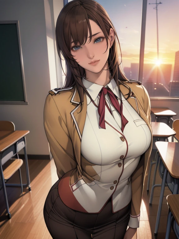 (8k,Photorealistic, masutepiece, Best Quality, Raw photo:1.3)、1girl in, 18years old,Solo,school girl, Long hair, Brown hair, Detailed beautiful face, alluring face, (Detailed beautiful brown eyes:1.2), medium breasts,(underboob:0.5),(coverd nipples:0.1),(loos sailer uniform :1.35), ( Perfect body skinny beauty: 1.4),( temptation Pose:1.3), (Looking at Viewer, front view,eyes focus:1.2), Detailed background, (sunset:1.2), classroom,fine detailed, intricate detailes, Ray tracing, depth of fields, seductive smile,classroom,