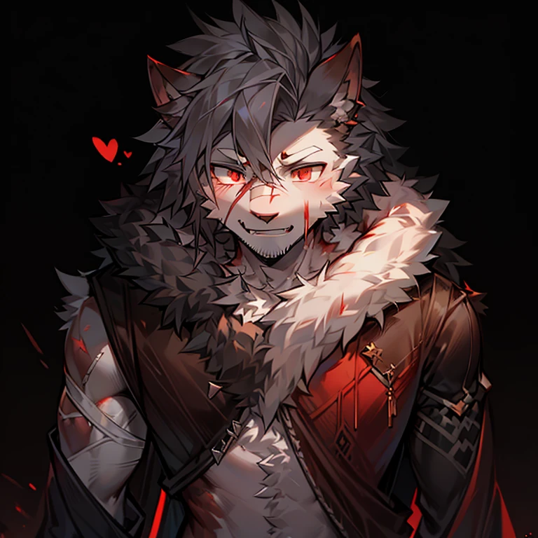 hairy，male，juvenile，Canidae，Slender body，Gray hair，Pale red eyes，Wounds and bandages on the body，Blood at the corner of mouth，Dark background，Ogre，Front image