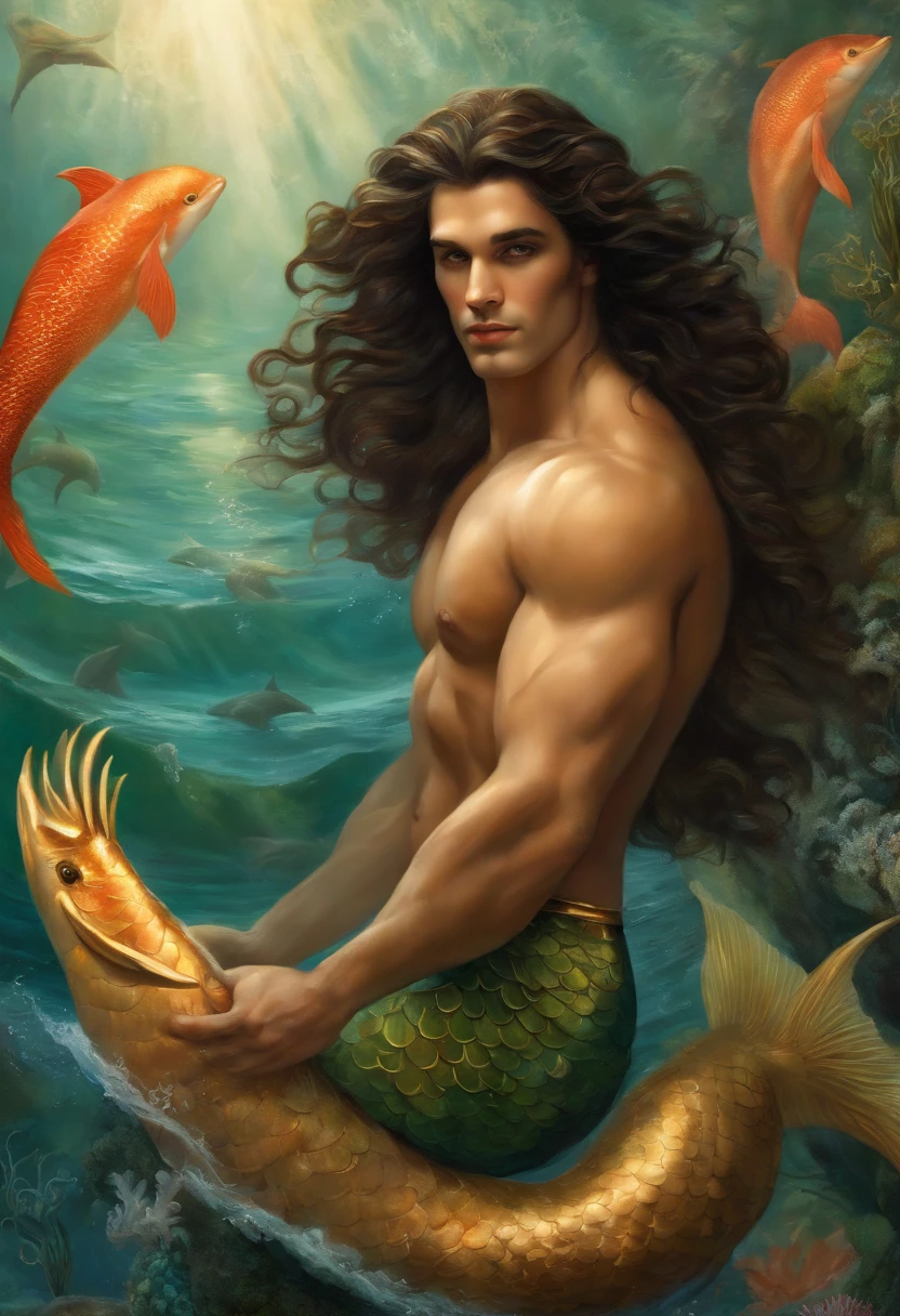 a male merman smiling, ((male merman)) full body naked, with various positions, ((various positions)), ((sexy male torso and big, perfect mermaid tail, wonderful and colorful)), ((Painting of a Merman with long, black, curly hair)), ((wide chest)), ((A coral reef at the bottom, fish and dolphins)) ((merman male)), God of the Ocean, God of the Sea, God of Sea, God of the Ocean, Lúthien, art of the god, God of Greek mythology, God of the Moon, God of love and peace, (( ((Beautiful, hot, sensual, seductive God)), A stunning portrait portrait of a god , ((warm and vivid colors)), ((vibrant colors)), Frank Kelly Freas, styled by Karol Bak, ((beautiful face)), Extremely Detailed, 32k, Ultra definition best quality, vibrant and vibrant colors, sensual, enchanted, Perfect face in high definition, ((beautiful merman, sensual merman, handsome merman