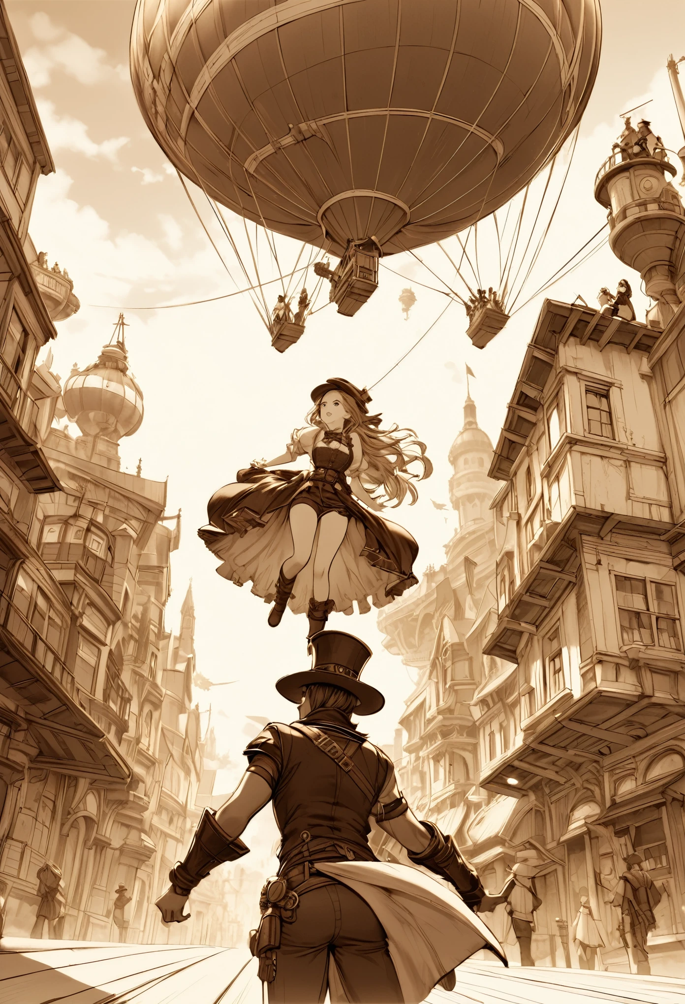 high quality,(High resolution:1.2),Incredible illustrations, (granblue fantasy) 1boy,1girl,Adventurers looking up from the ground at the airship passing over the city。(GrandLevel)(Steampunk)(((sepia-toned)))