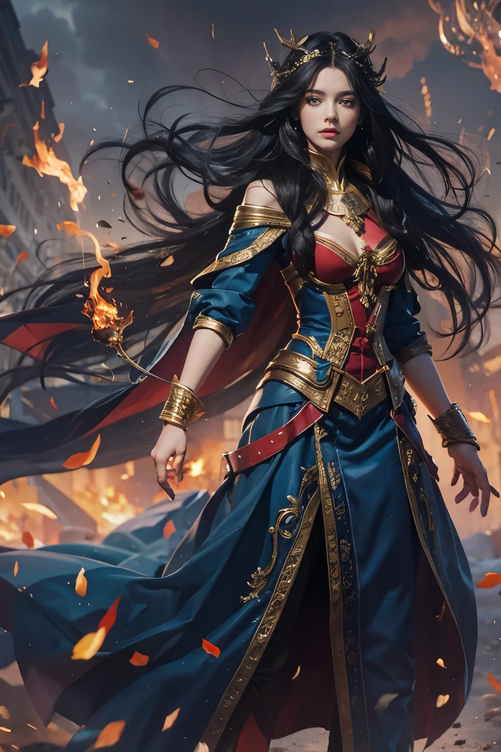 (Masterpiece, Best quality, high resolucion) 1 maître du feu with long black hair and blue eyes in a pose d&#39;action ensemble prêt à affronter son adversaire. Elle porte une cape noire de magicien, Golden bracelets. It is in color and uses the flames. battlefield, monde fantastique, standing in the middle of the image