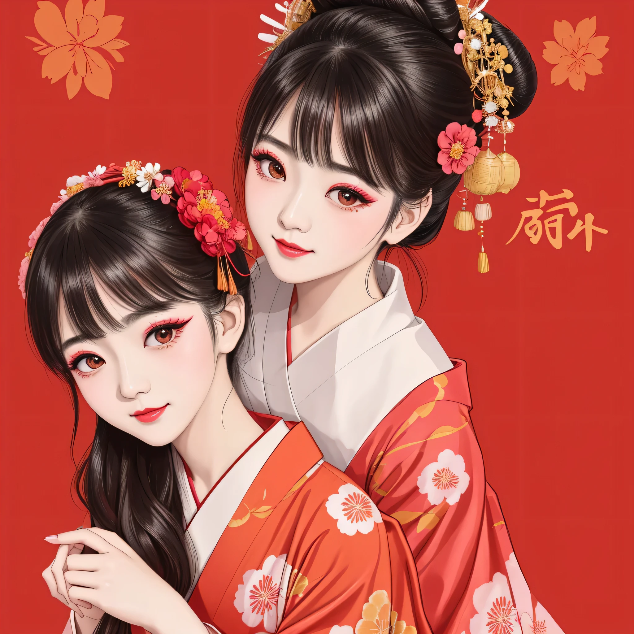 Each has a different expression2People and sisters、(2 girls)、⦅Dancing traditional arts with grace)、((Big Breasts、Small Face、Not exposed))、highest quality、masterpiece、(Black Hair、Bun Hair)、Brown Eyes、⦅Wide angle、Angle from above the waist and diagonally below、Pause on the magazine cover、Their gazes are different, gazing into the distance⦆、(8K High Quality、masterpiece、High resolution、Realistic and beautiful light and shadow、(highest quality)、(High Resolution)、(Very delicate and beautiful)、(Beautiful 8k face)、(With a smile、Beautiful eyes)、(Clear skin)、(Soft hair)、(8Head to Body)、(A Japanese style yukata kimono with red, pink and orange floral patterns on a white background, interspersed with gold powder、Five beautiful Japanese girls wearing yukata)、((Tanabata decoration background))、((Small Face))、(arms up)、Thin and small nose、(Red lipstick)、(Make your cheeks red)、(Glossy skin)、((Ink painting style))、Very thin eyebrows、Overall ultra-high image quality、(She is wearing maiko-style makeup.)、Whitening、Long and beautiful eyelashes、Glowing Skin、(Red cheeks),Straight nose、masterpiece、highest quality、whole body、 Eyebrows visible through hair、Bun Hair、Grin、Gal、Gal、Viewer's Eyes、Plaid、Stylish、woman、fine、Pause、
Waiting to start