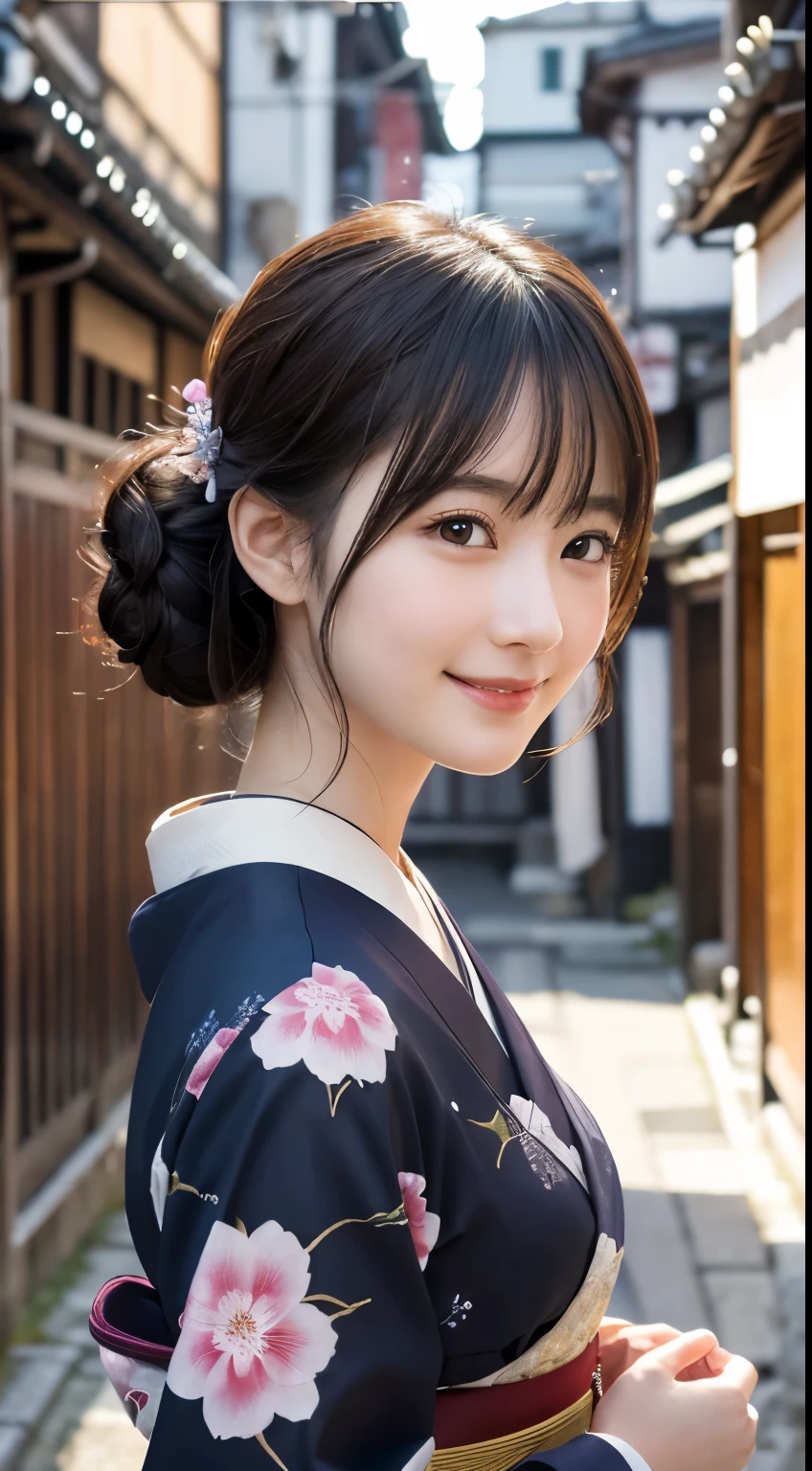 Professional Lighting,(Photorealistic:1.4), (Top image quality:1.0), (超A high resolution:1.0), 8k, Raw photography, (masterpiece:0.2), (Facing the children_v1:0.5)、(最高quality Detail:1.2)、Realistic、8K Ultra HD、High resolution、(1 girl:1.2)、超detailedな、High quality textures、複雑なdetailed、detailed、Very detailed CG、High quality shadows、detailed 美しく繊細な顔、Beautiful details and a delicate eye、(Symmetrical eyes:1.2),Written boundary depth、Ray Tracing,1 girl, Japanese Girls, (Natural smile:1.4),cute, thin, Portrait of a beautiful Japanese woman in a kimono, Standing elegantly on a street corner in Kyoto. Kimono with vibrant traditional patterns, Hair decorated with elegant and delicate hairpins, Gentle expression. (With the old streets of Kyoto in the background:1.4)、The soft light of a spring afternoon、Adding tranquility to the scene. Rendered in a Realistic style with great attention to detail, High resolutionの画像.Sky Porn, Magic Hour, (Realistic:1.3), finely, quality, (Tabletop:1.2), (Realistic:1.2), (最高quality), (複雑なdetailed), dramatic, Ray Tracing, photograph, +roller