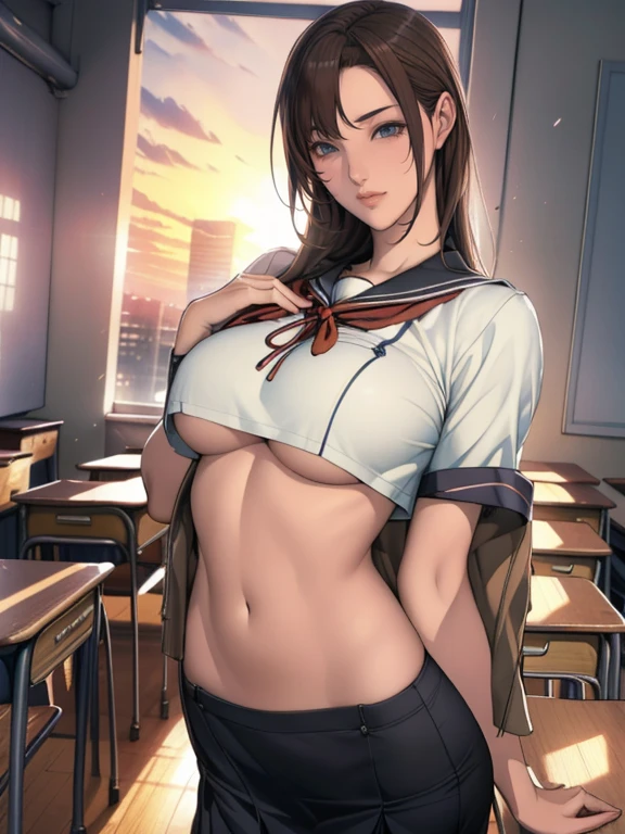 (8k,Photorealistic, masutepiece, Best Quality, Raw photo:1.3)、1girl in, 18years old,Solo,school girl, Long hair, Brown hair, Detailed beautiful face, alluring face, (Detailed beautiful brown eyes:1.2), medium breasts,(underboob:1.0),(coverd nipples:0.1),(loos sailer uniform :1.35), ( Perfect body skinny beauty: 1.4),( temptation Pose:1.3), (Looking at Viewer, front view,eyes focus:1.2), Detailed background, (sunset:1.2), classroom,fine detailed, intricate detailes,  Ray tracing, depth of fields, seductive smile,classroom,