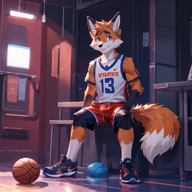 Furry fox, Nike, shiny satin basketball shorts, erection under clothing, shy, precum leaking through shorts, akward smile, age, compression shorts
